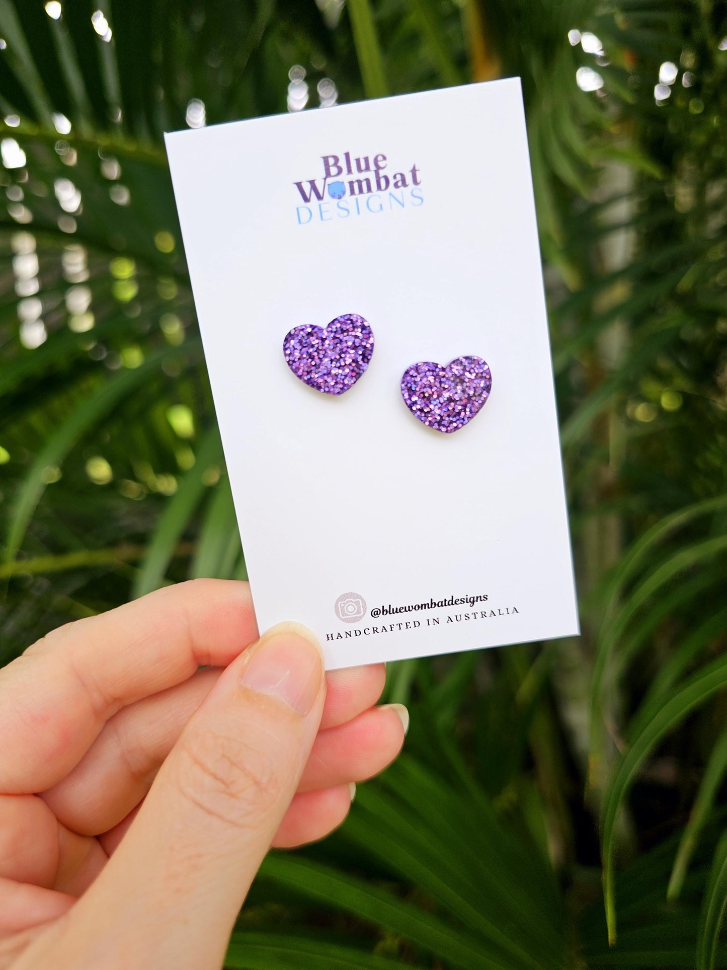 Purple Glitter Love Heart Resin Stud Earrings