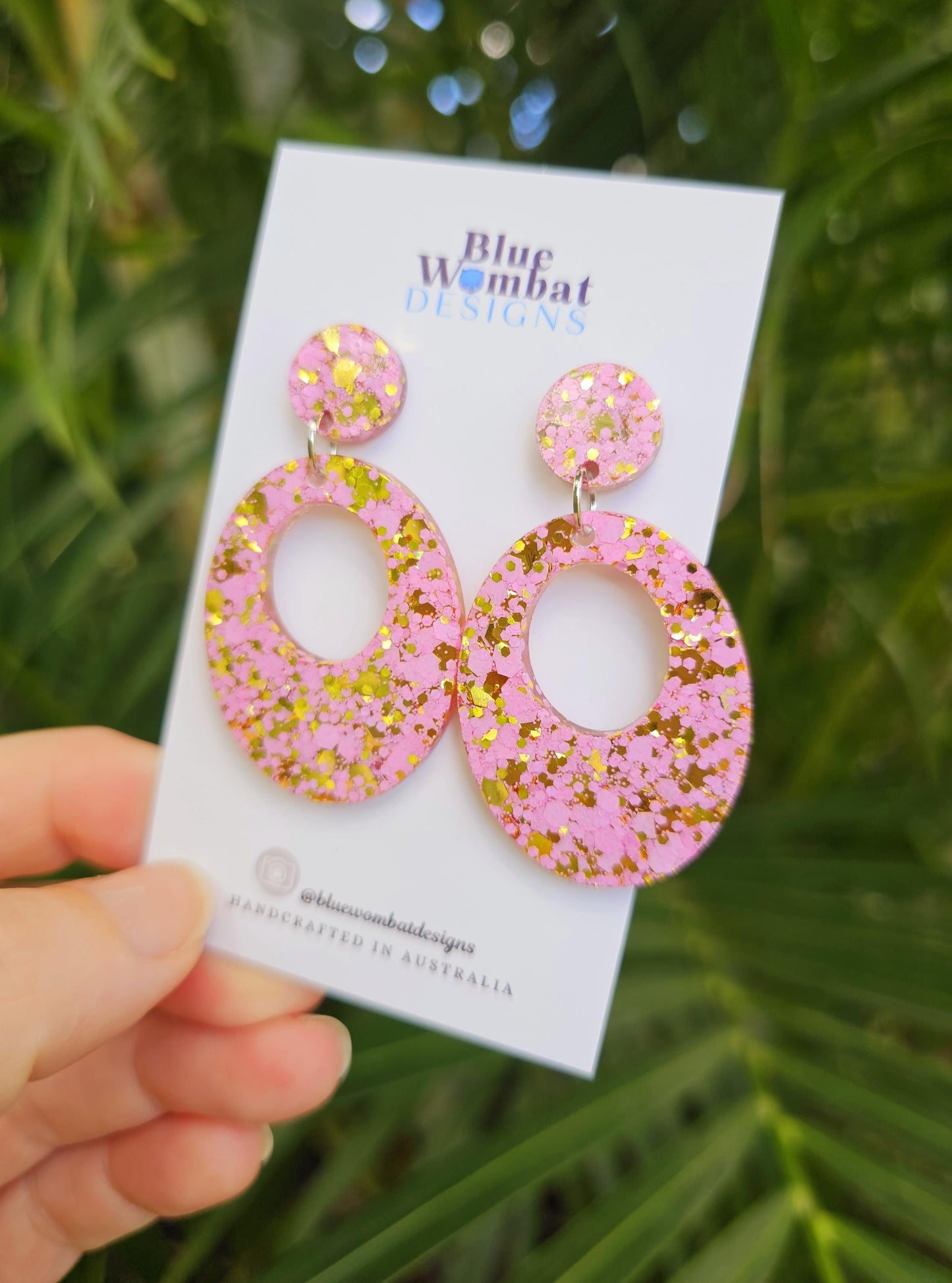 Pink Gold Glitter Resin Hoop Dangle Handmade Statement Earrings