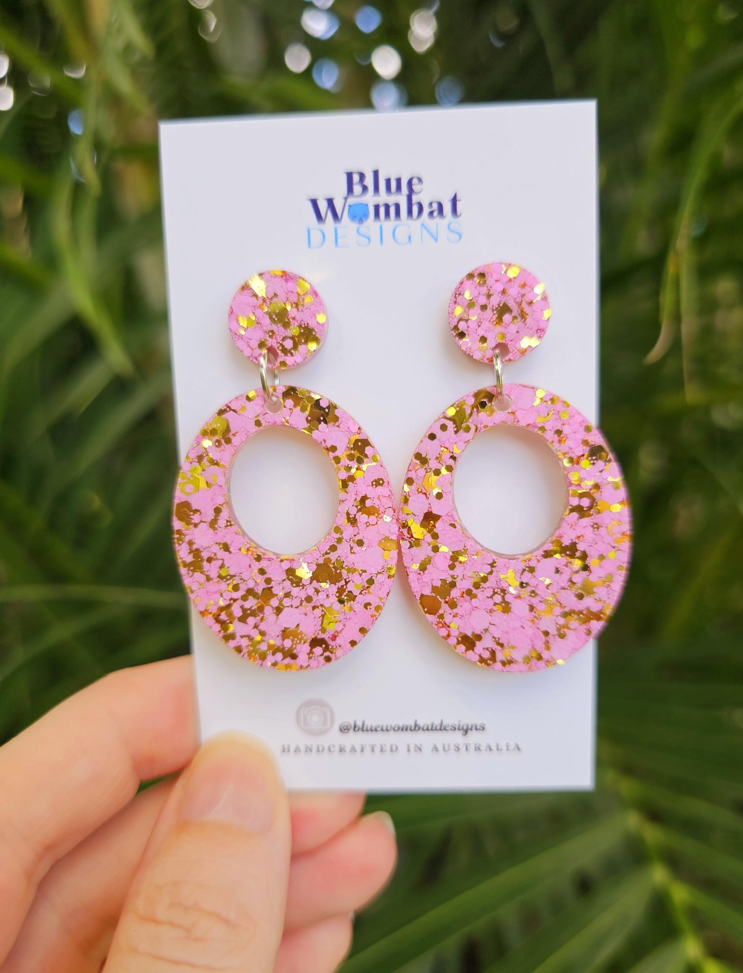 Pink Gold Glitter Resin Hoop Dangle Handmade Statement Earrings
