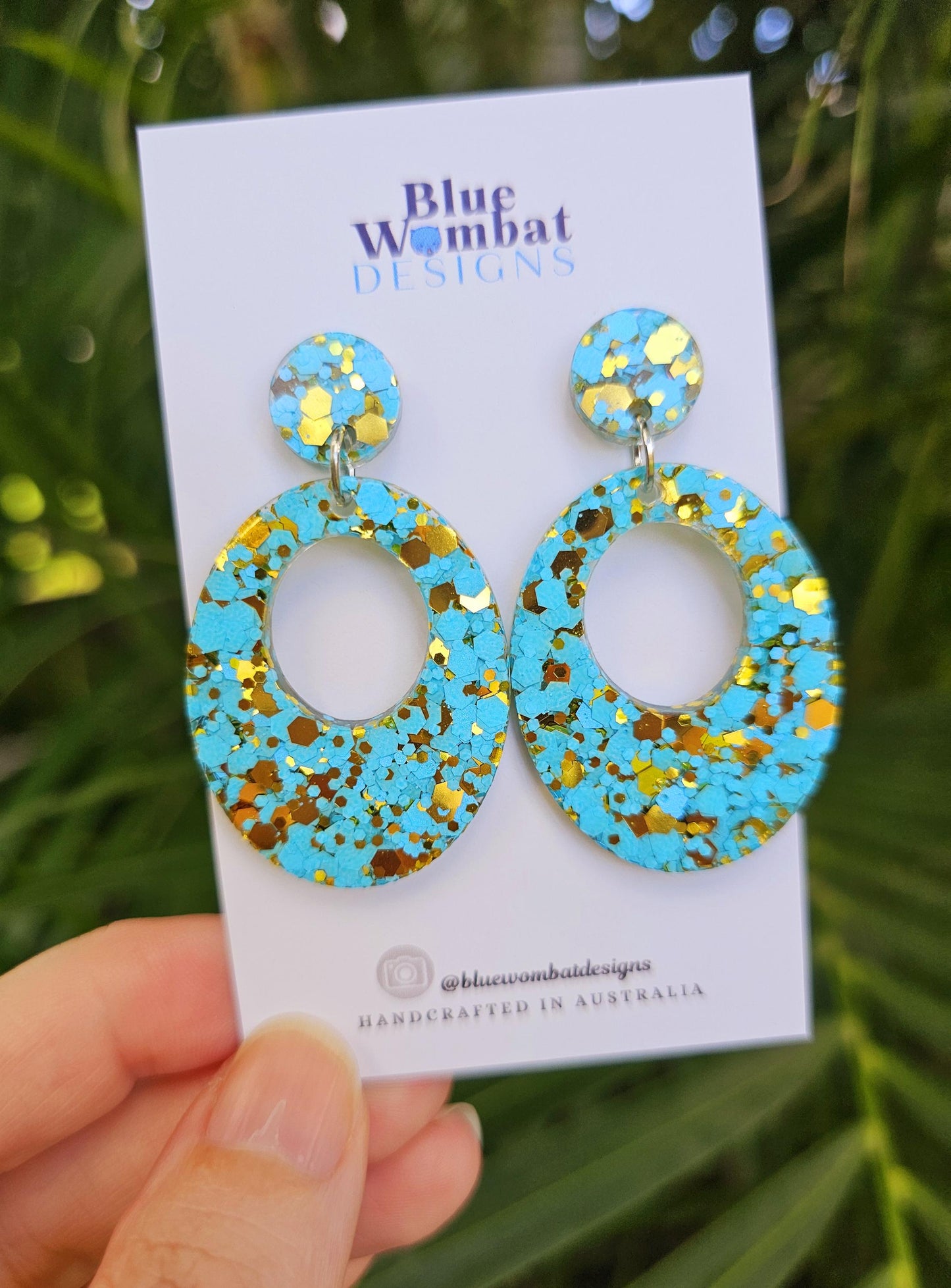 Blue Gold Glitter Resin Hoop Dangle Handmade Statement Earrings