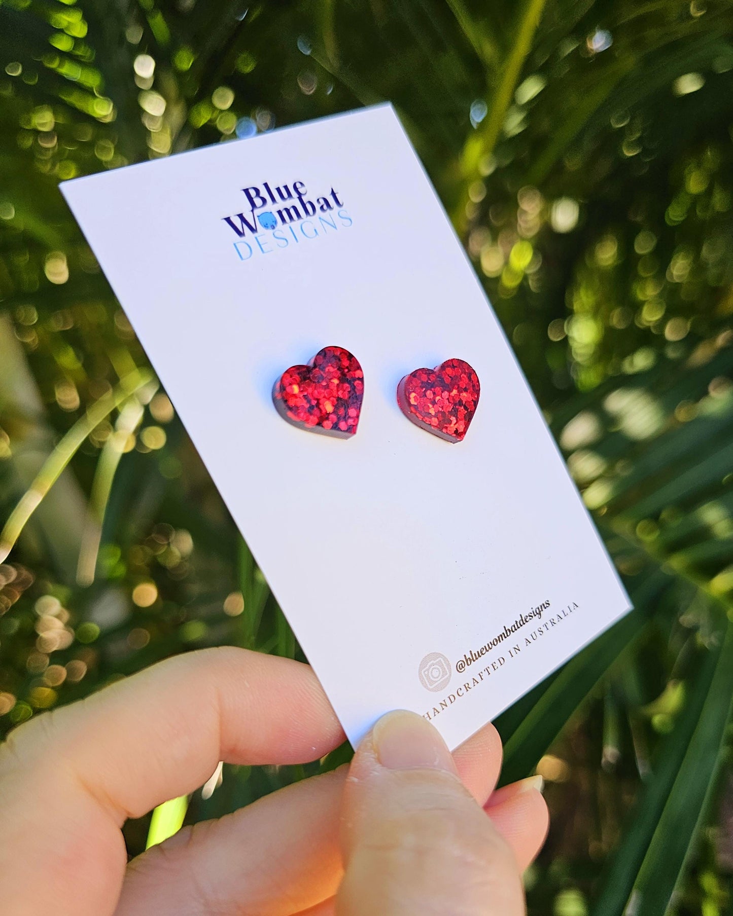 Red Sparkle Glitter Love Heart Resin Small Stud Earrings