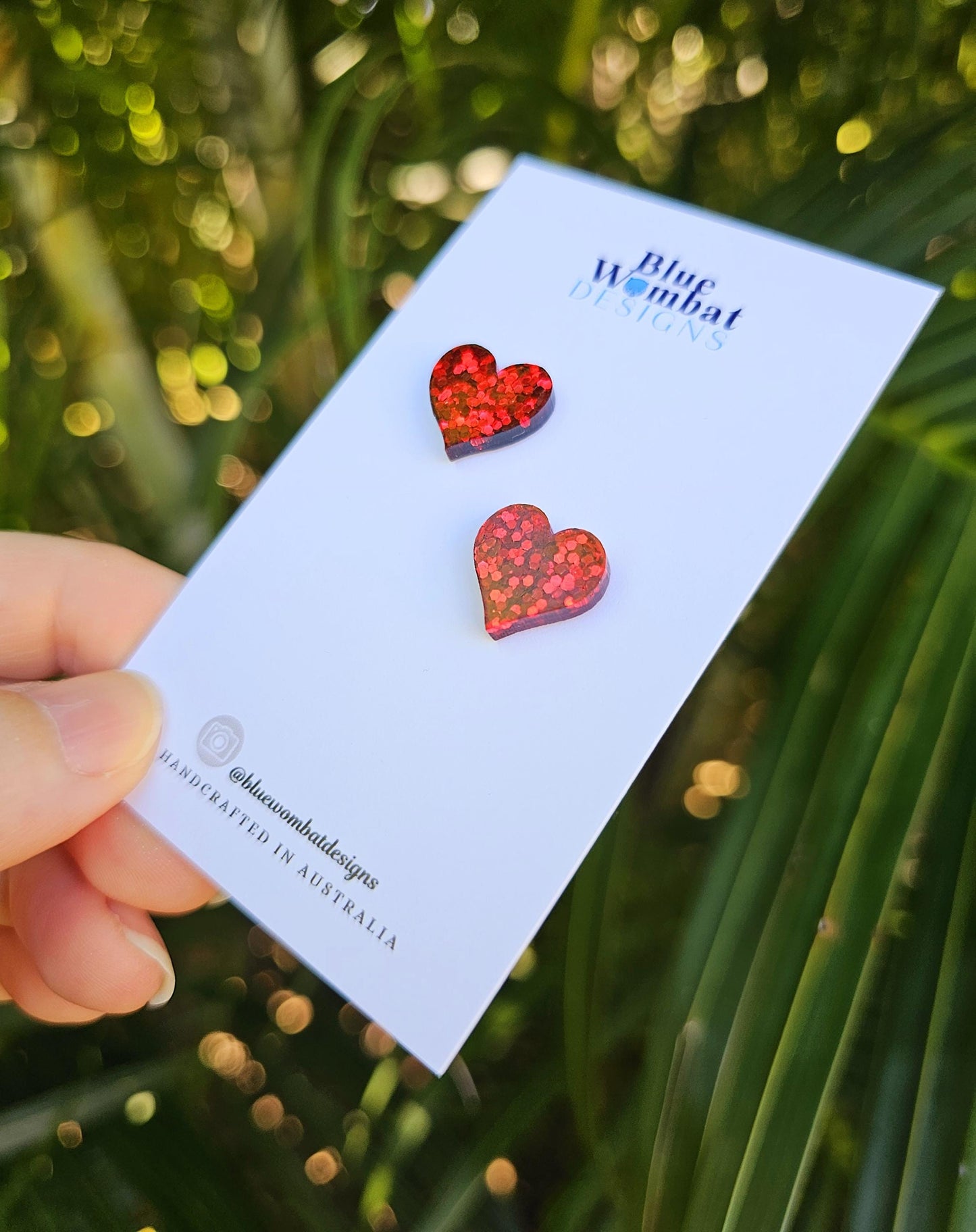 Red Glitter Love Heart Resin Stud Earrings