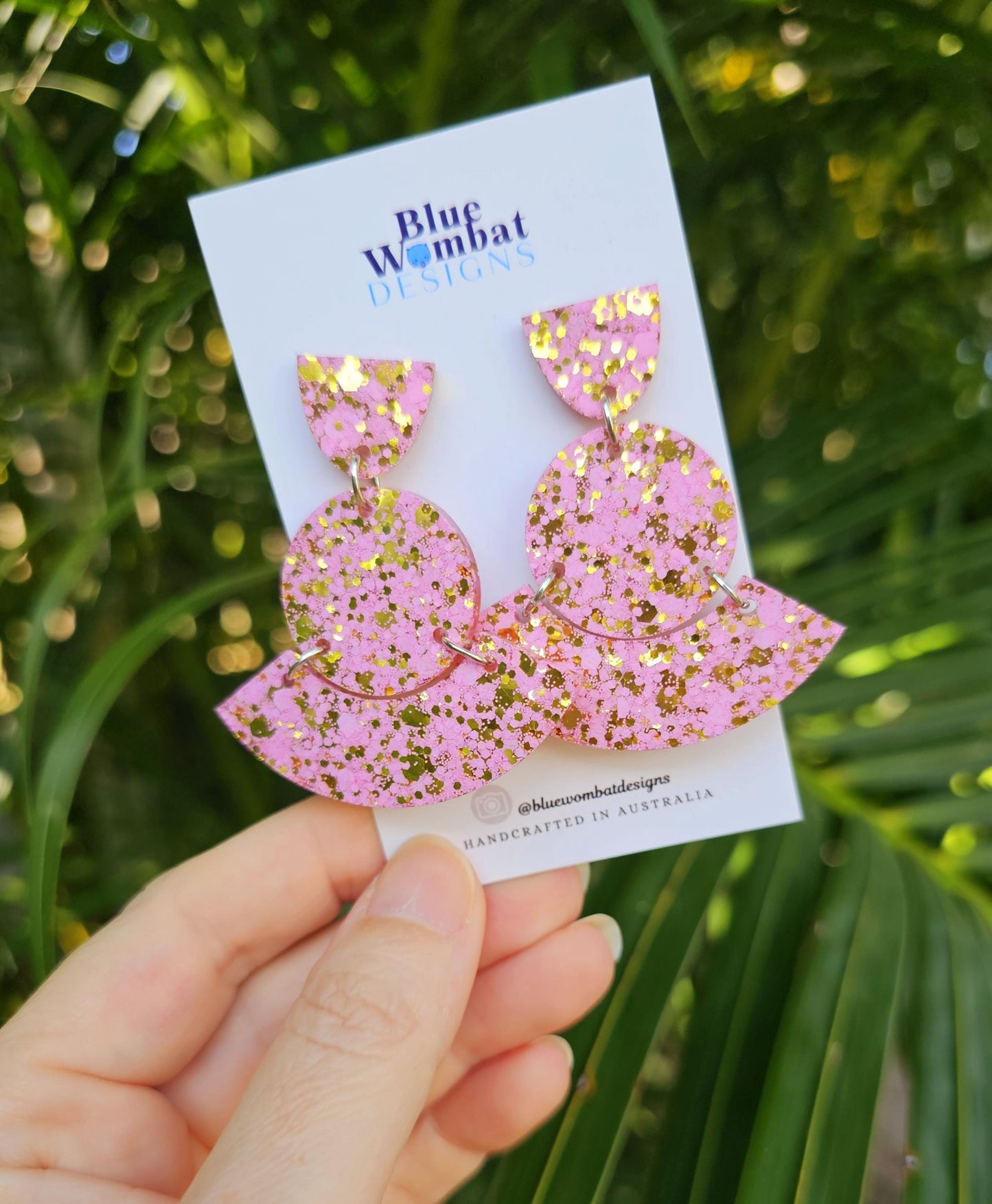 Pink Gold Glitter Resin Large Dangle Statement Earrings