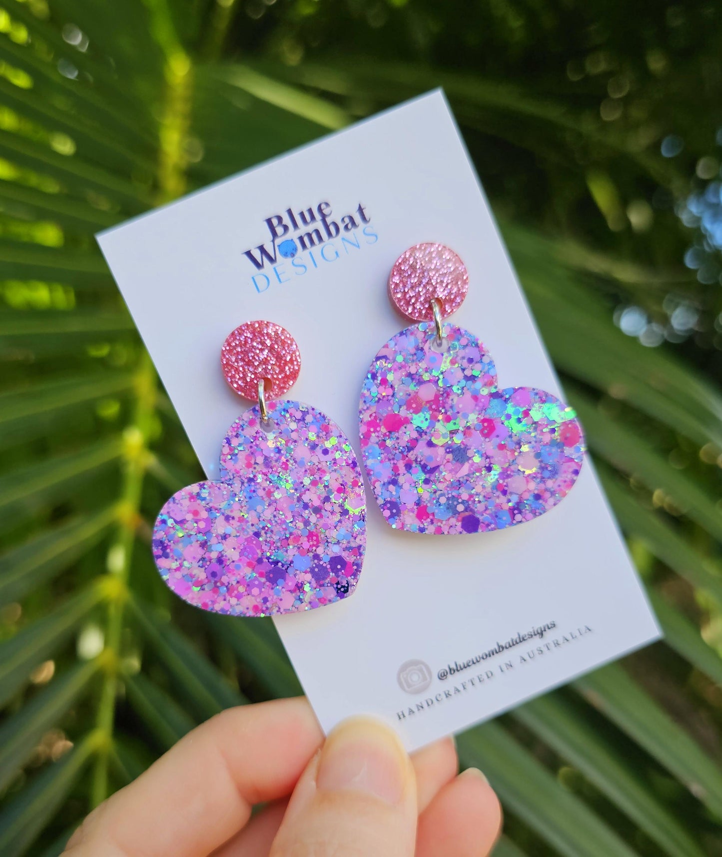 Love Heart Glitter Resin Handmade Dangle Statement Earrings