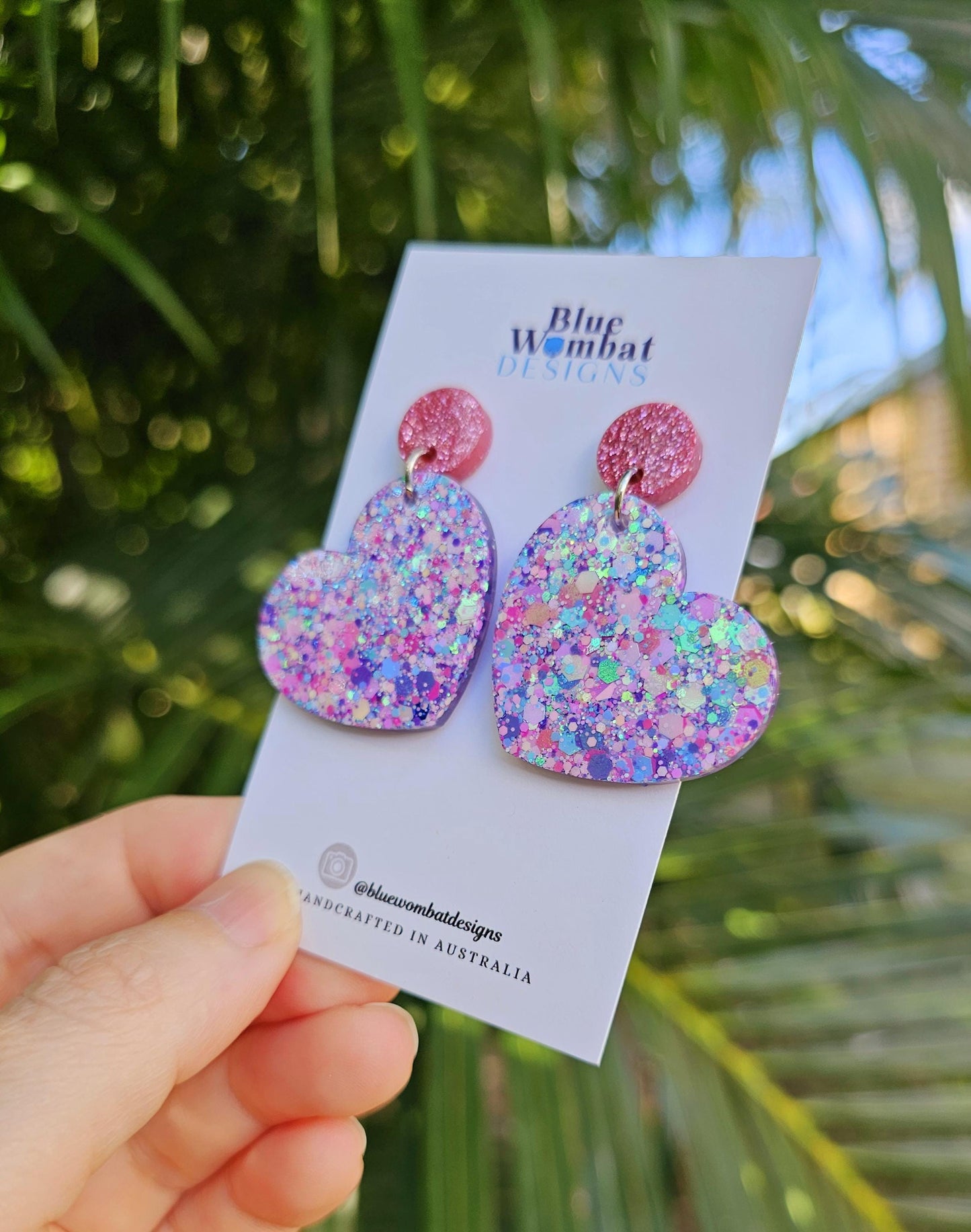 Love Heart Glitter Resin Handmade Dangle Statement Earrings