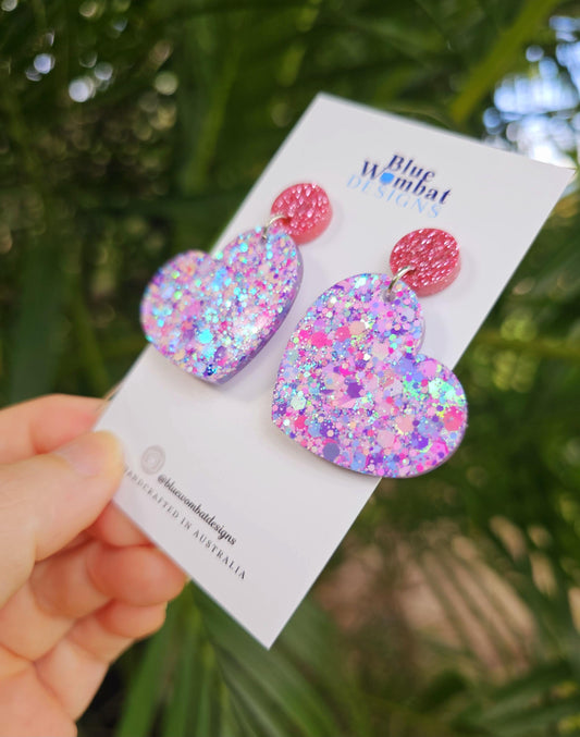 Love Heart Glitter Resin Handmade Dangle Statement Earrings