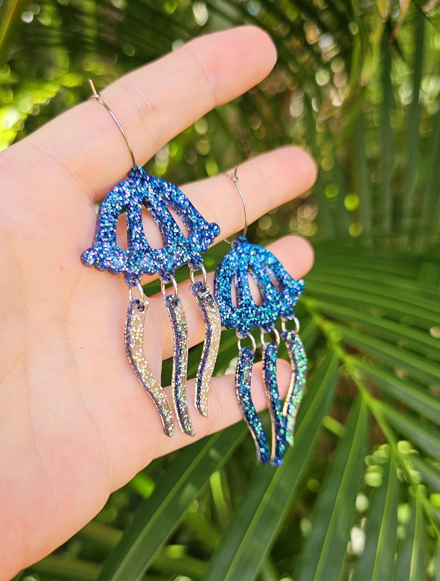 Jellyfish Iridescent Glitter Resin Hoop Dangle Statement Earrings