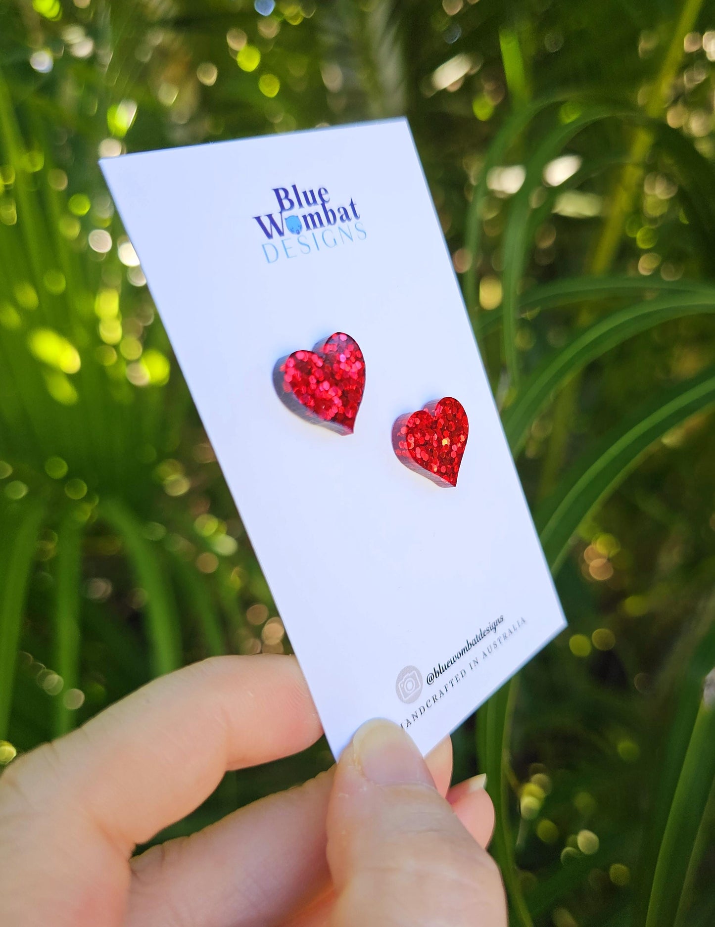 Red Glitter Love Heart Resin Stud Earrings