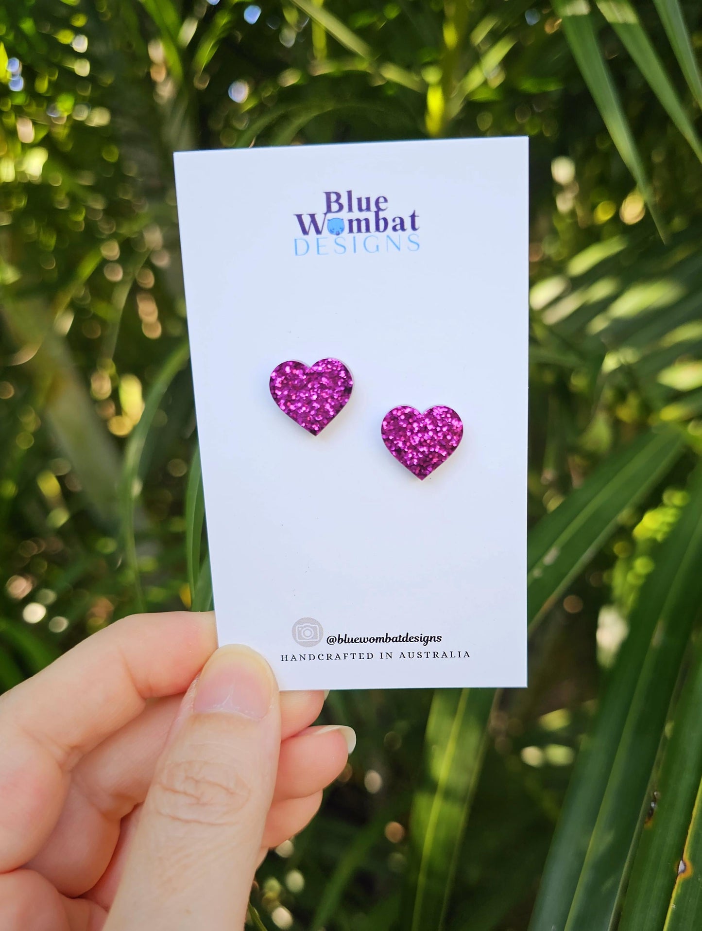 Pink Glitter Love Heart Resin Small Stud Earrings