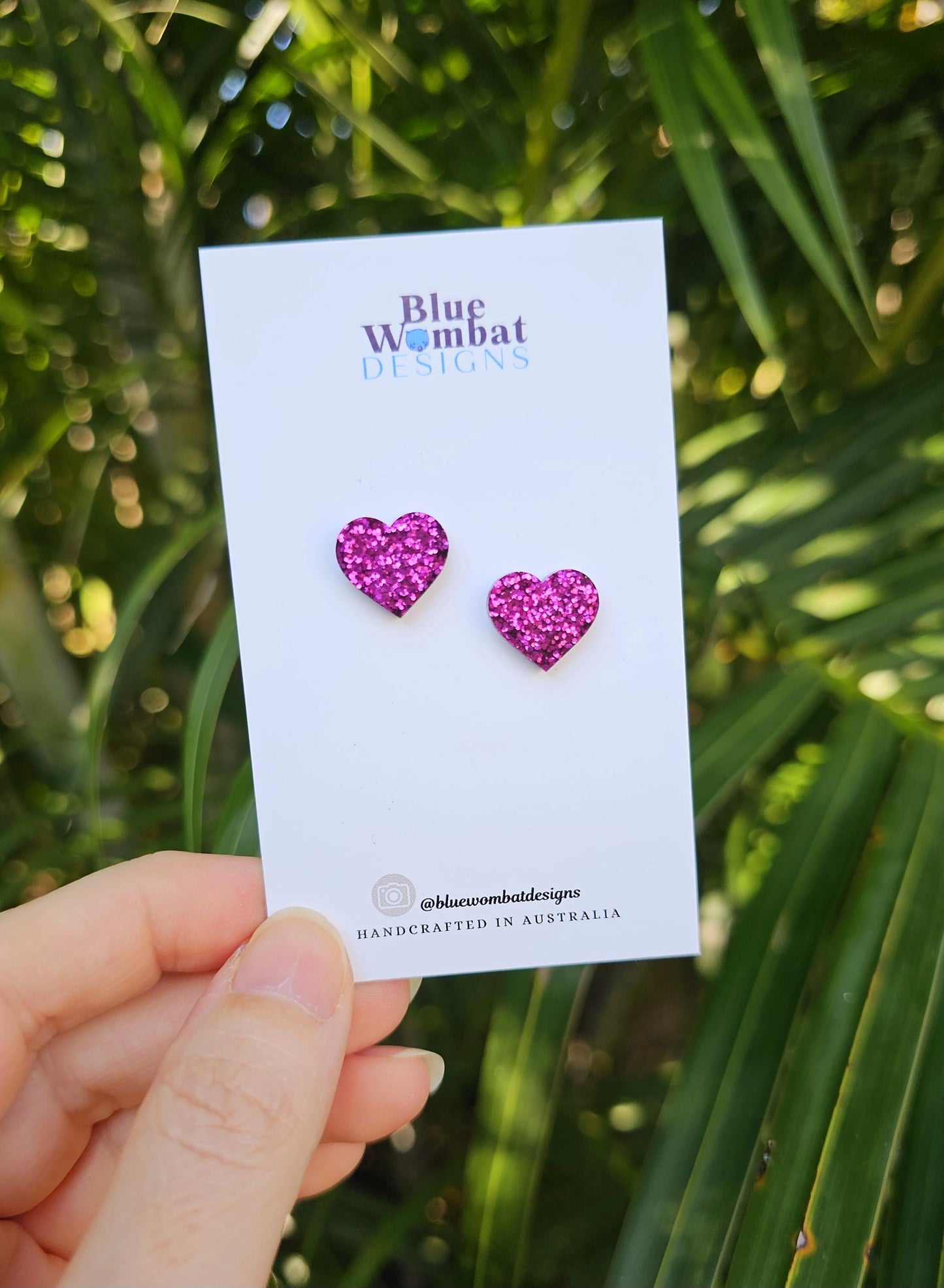 Pink Glitter Love Heart Resin Small Stud Earrings
