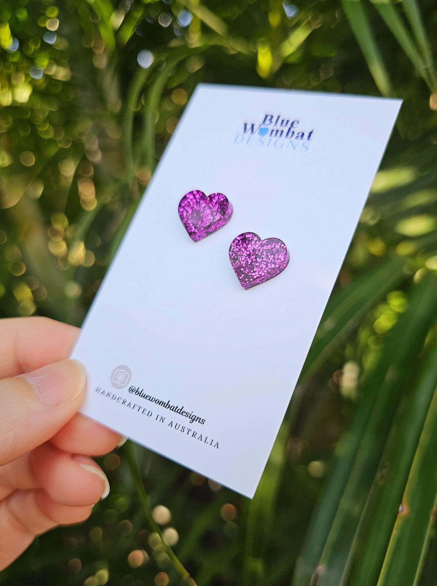 Pink Glitter Love Heart Resin Small Stud Earrings