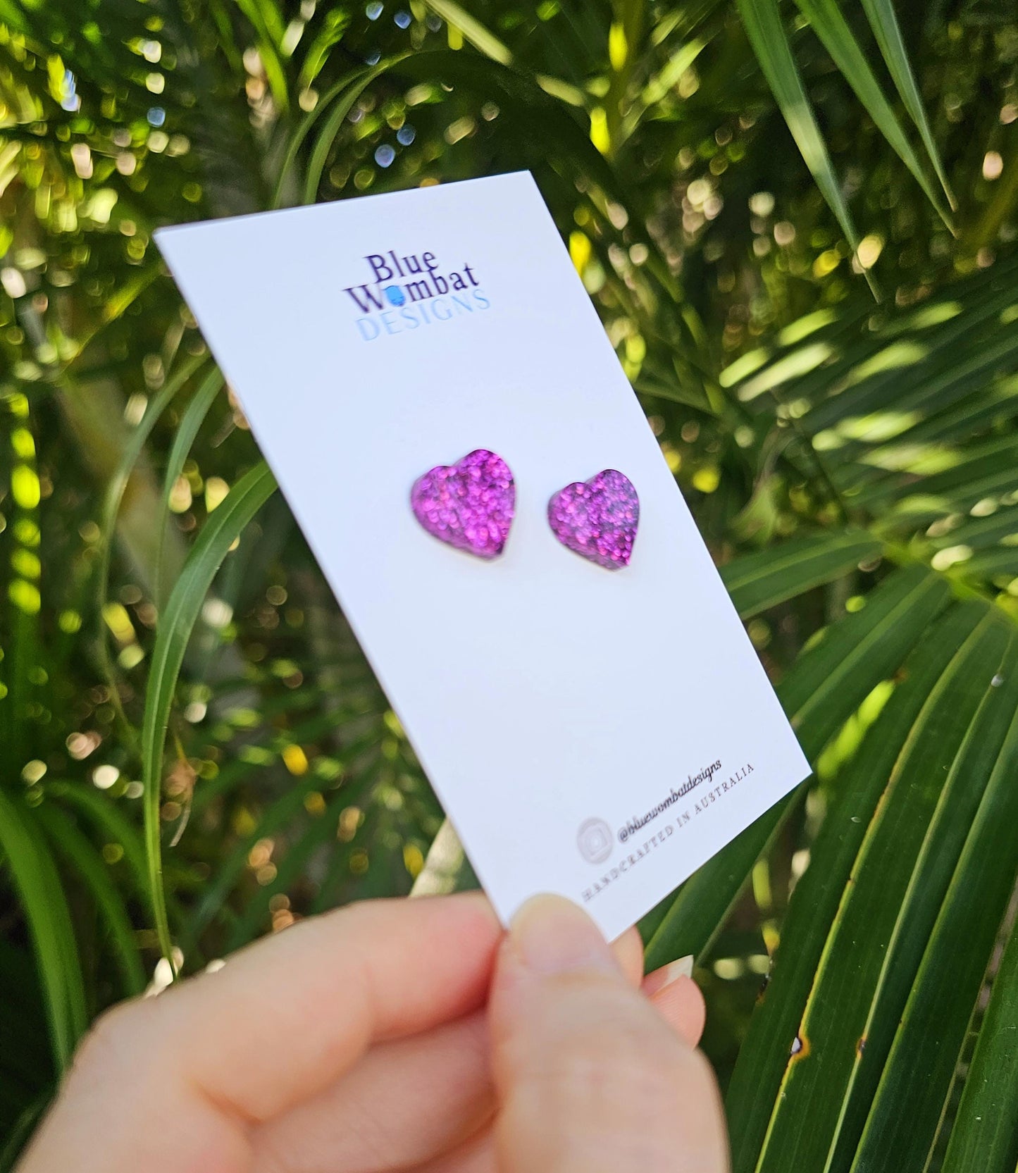 Pink Glitter Love Heart Resin Small Stud Earrings