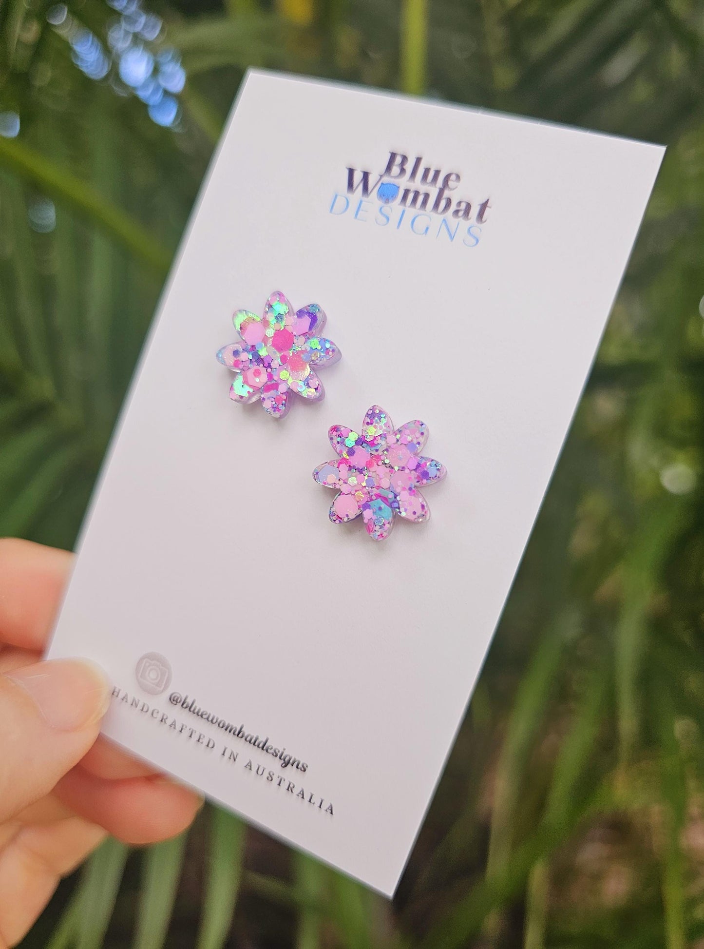 Pink Flower Glitter Resin Domed Studs 16mm