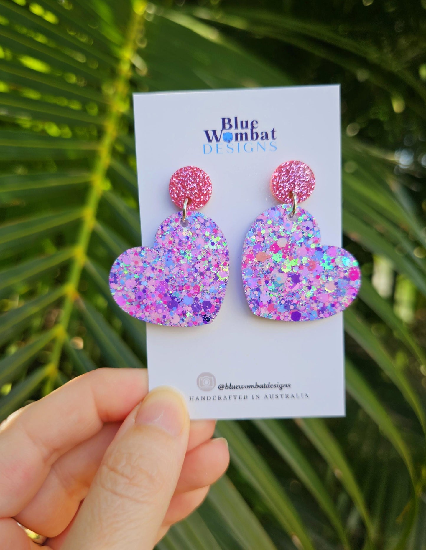 Love Heart Glitter Resin Handmade Dangle Statement Earrings