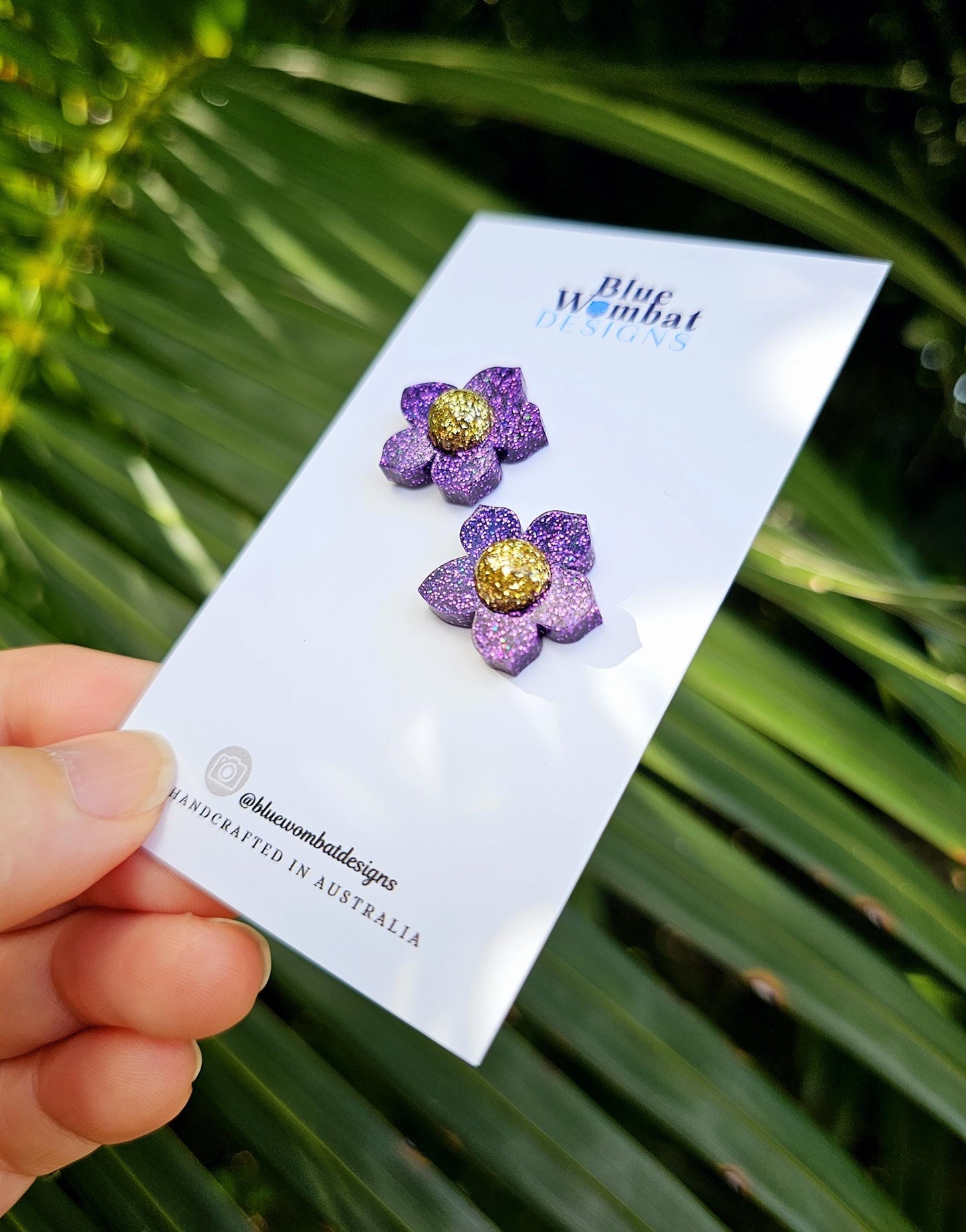 Purple Glitter Flower Resin Stud Earrings 20mm