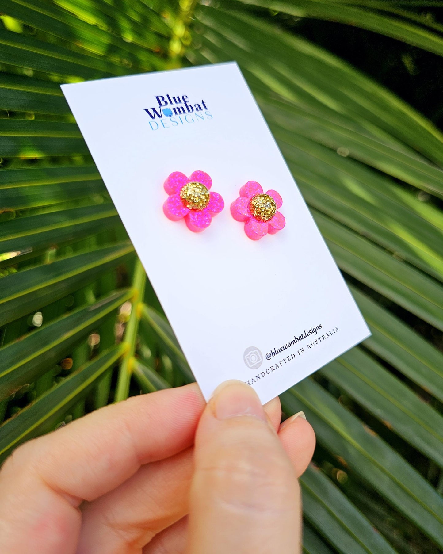 Spring Flower Pink Glitter Resin Stud Earrings 16mm