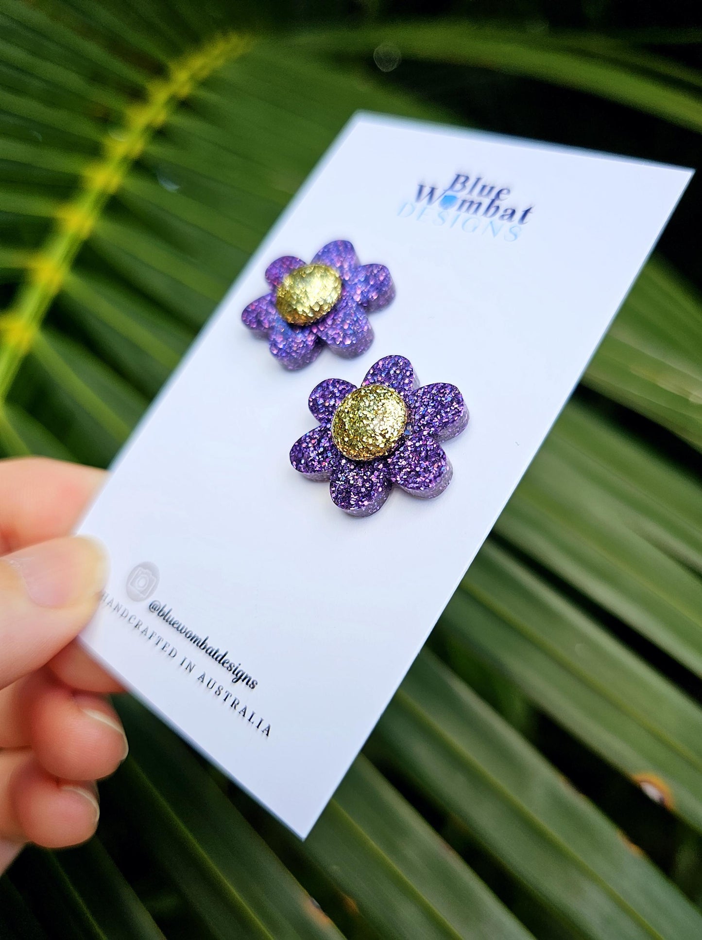 Flower Purple Glitter Resin Stud Earrings 24mm