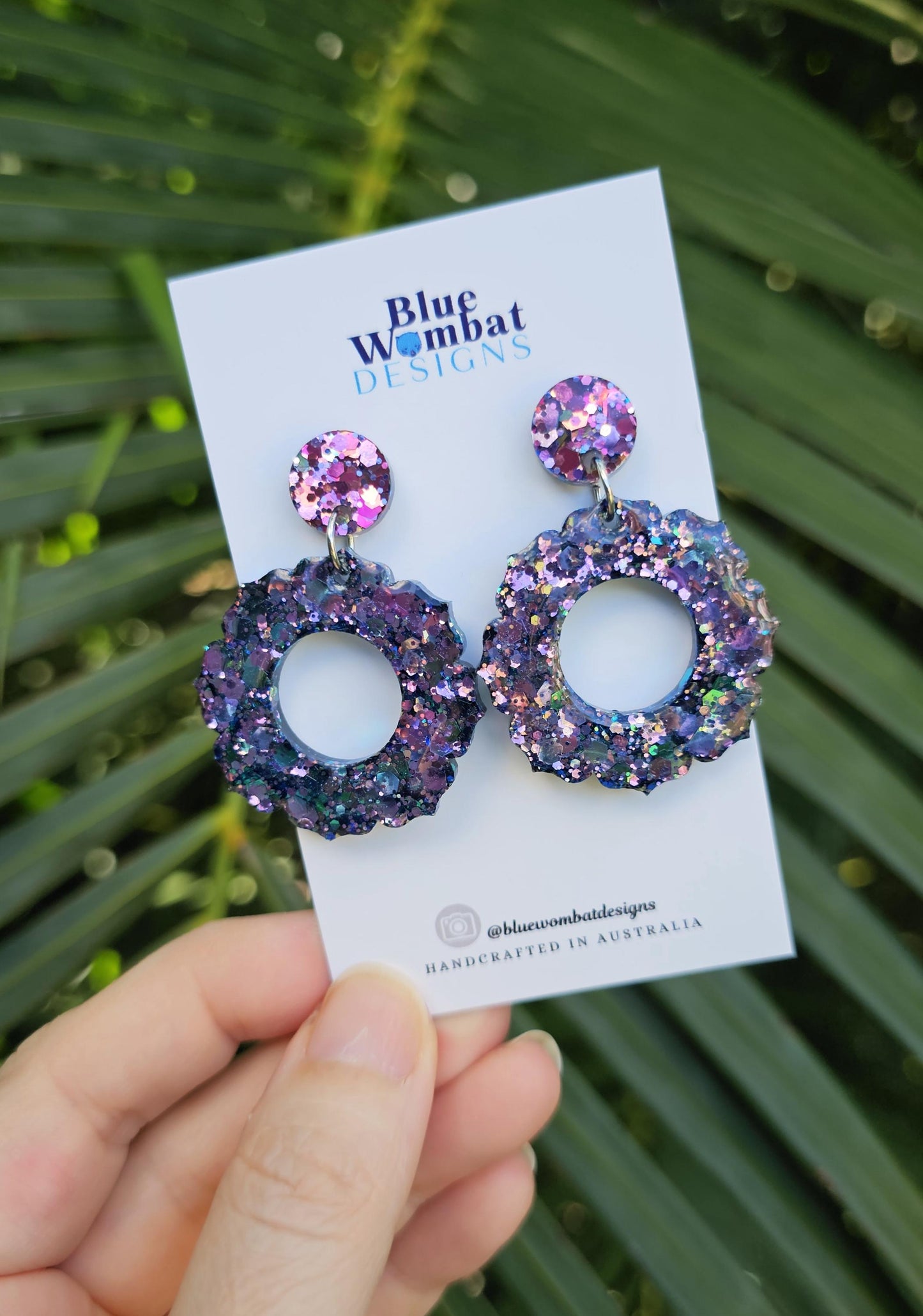 Chameleon Glitter Resin Flower Domed Hoop Dangle Statement Earrings