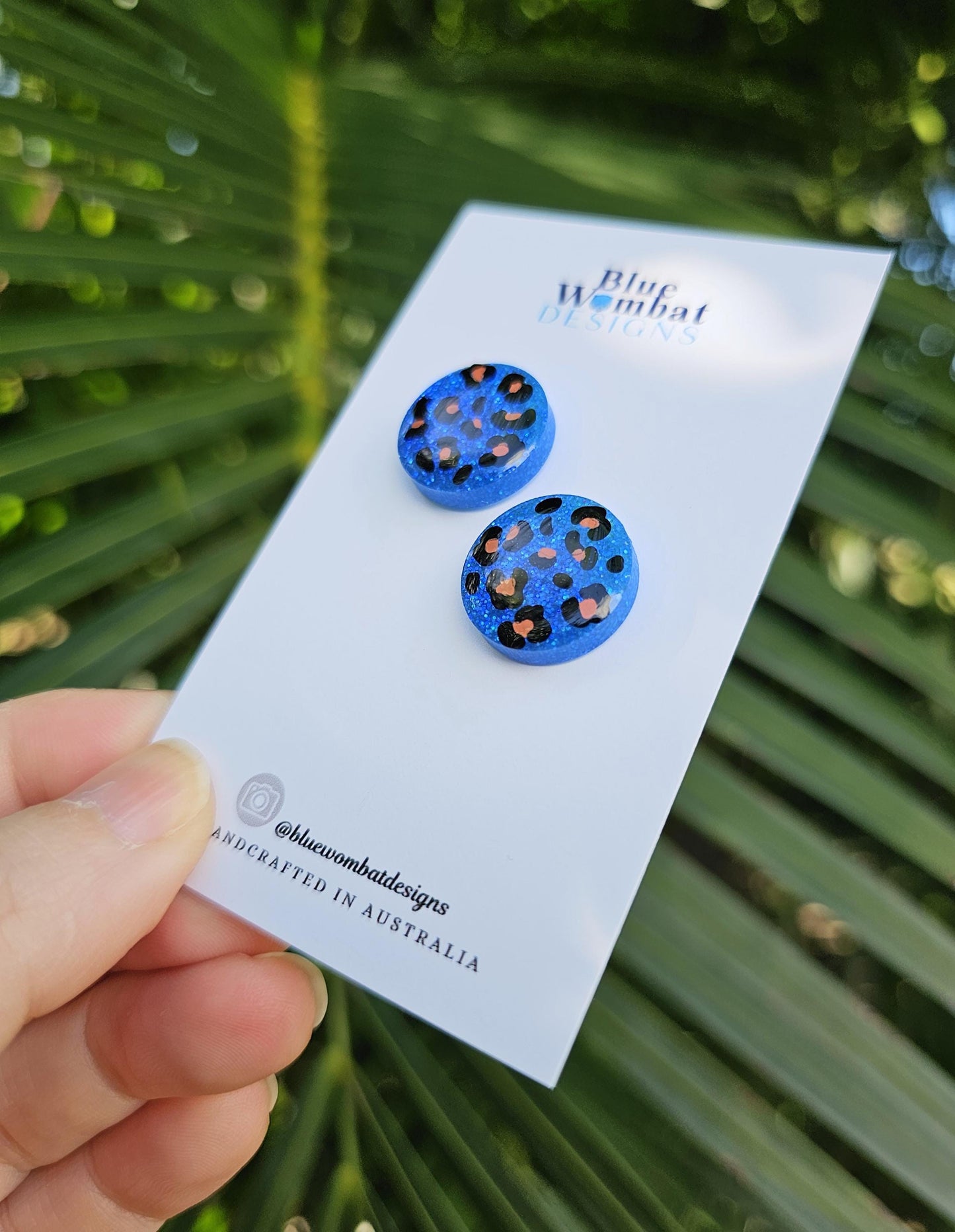 Leopard Print Resin Blue Glitter Stud Earrings 17mm