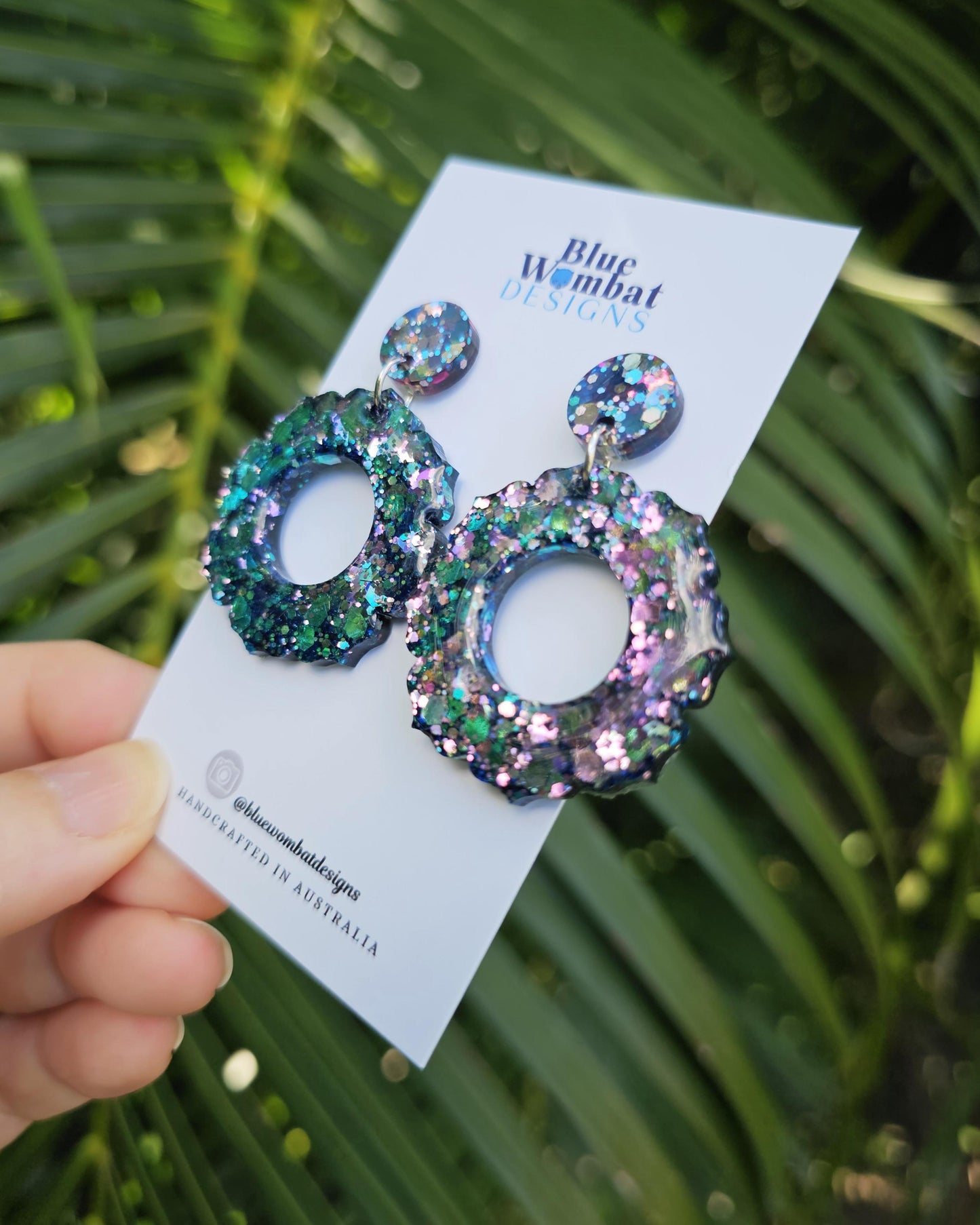 Chameleon Glitter Resin Flower Domed Hoop Dangle Statement Earrings