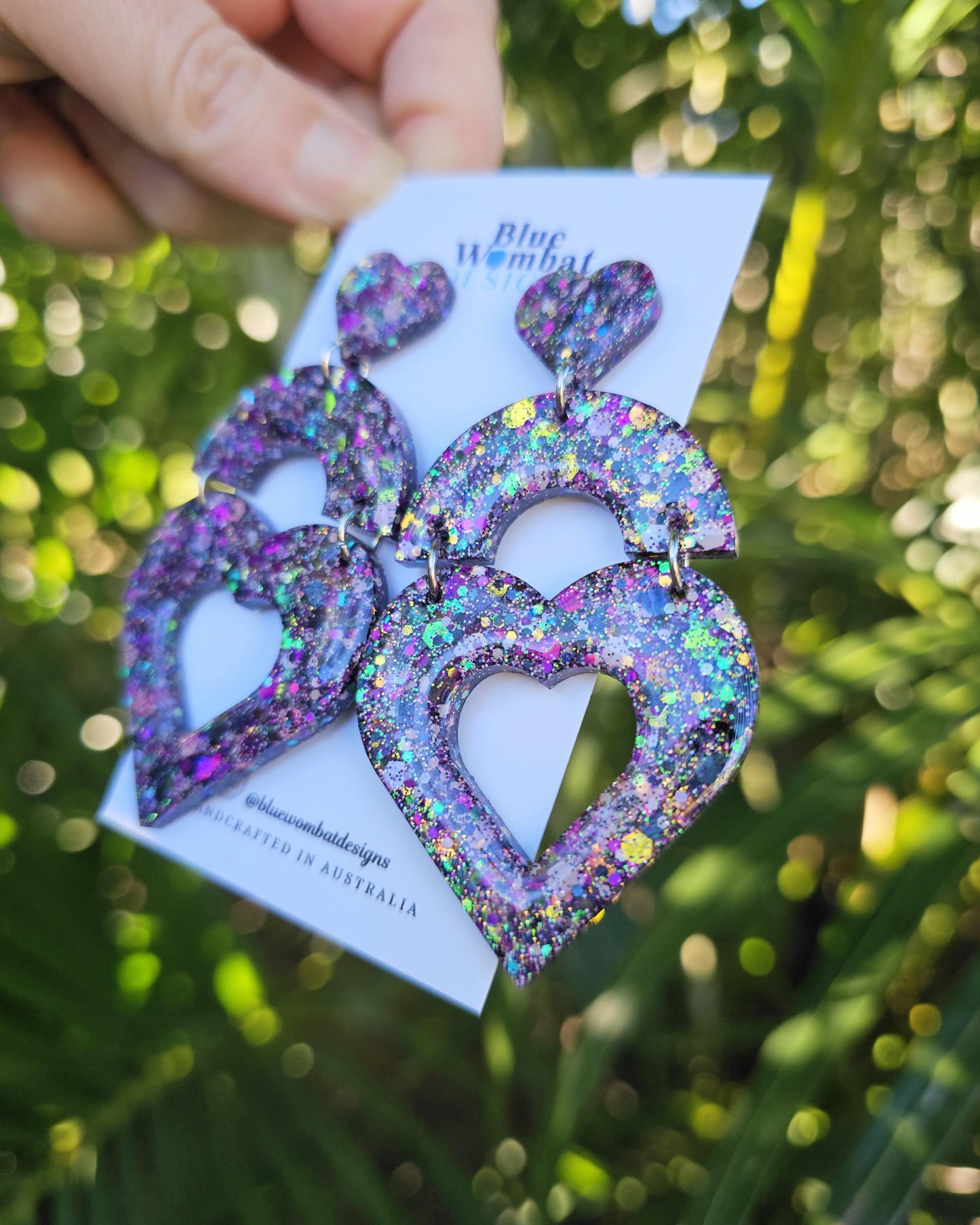 Large Love Heart Glitter Resin Dangle Domed Statement Earrings
