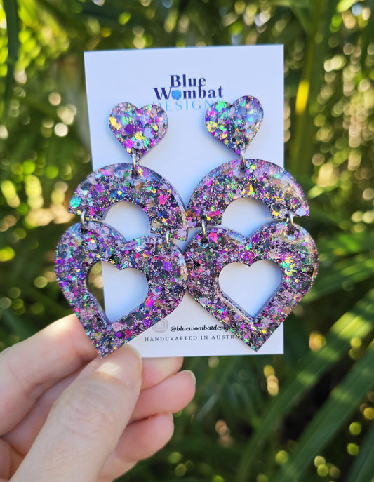 Large Love Heart Glitter Resin Dangle Domed Statement Earrings