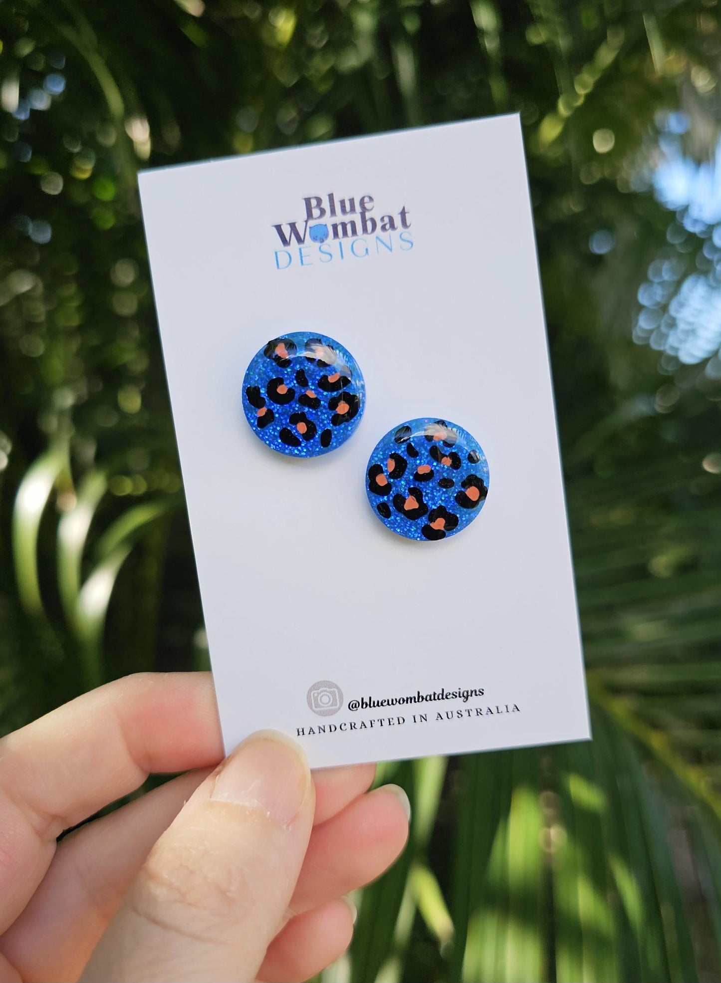 Leopard Print Resin Blue Glitter Stud Earrings 17mm