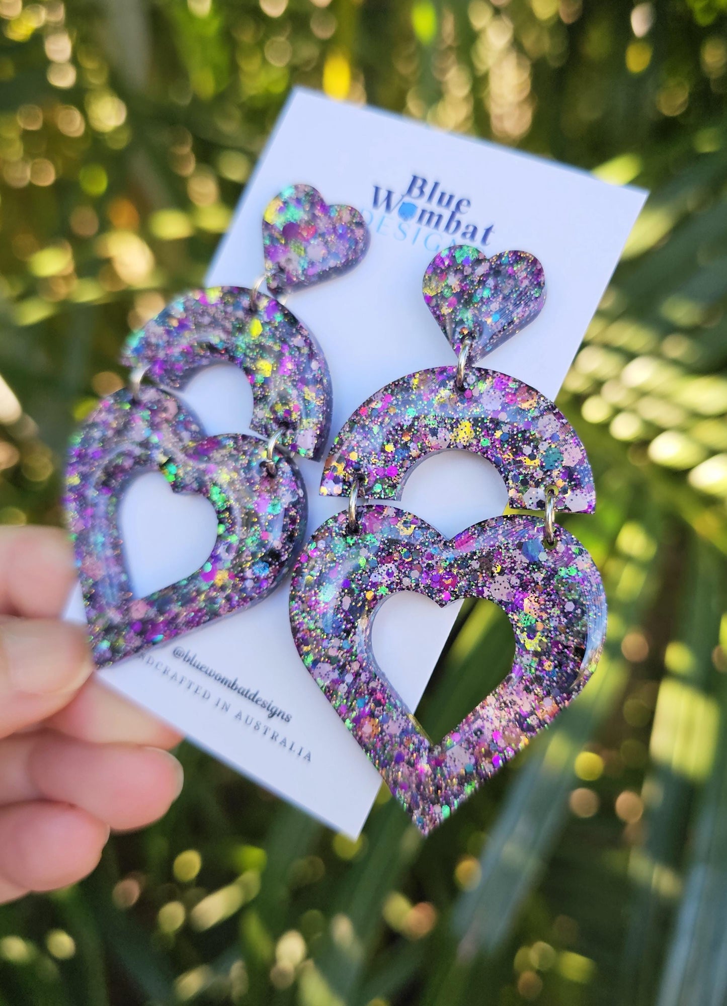 Large Love Heart Glitter Resin Dangle Domed Statement Earrings
