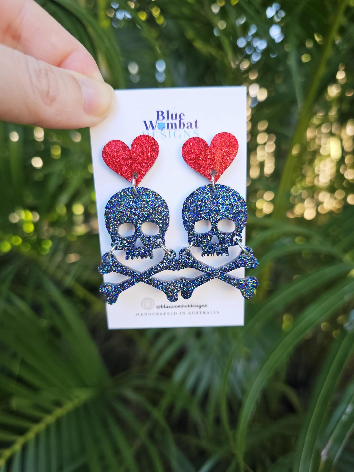 Skull Cross Bone Halloween Glitter Resin Dangle Earrings