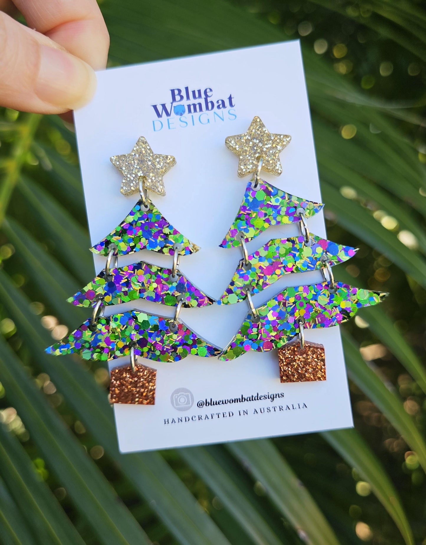Christmas Tree Resin Glitter Dangle Earrings Handmade