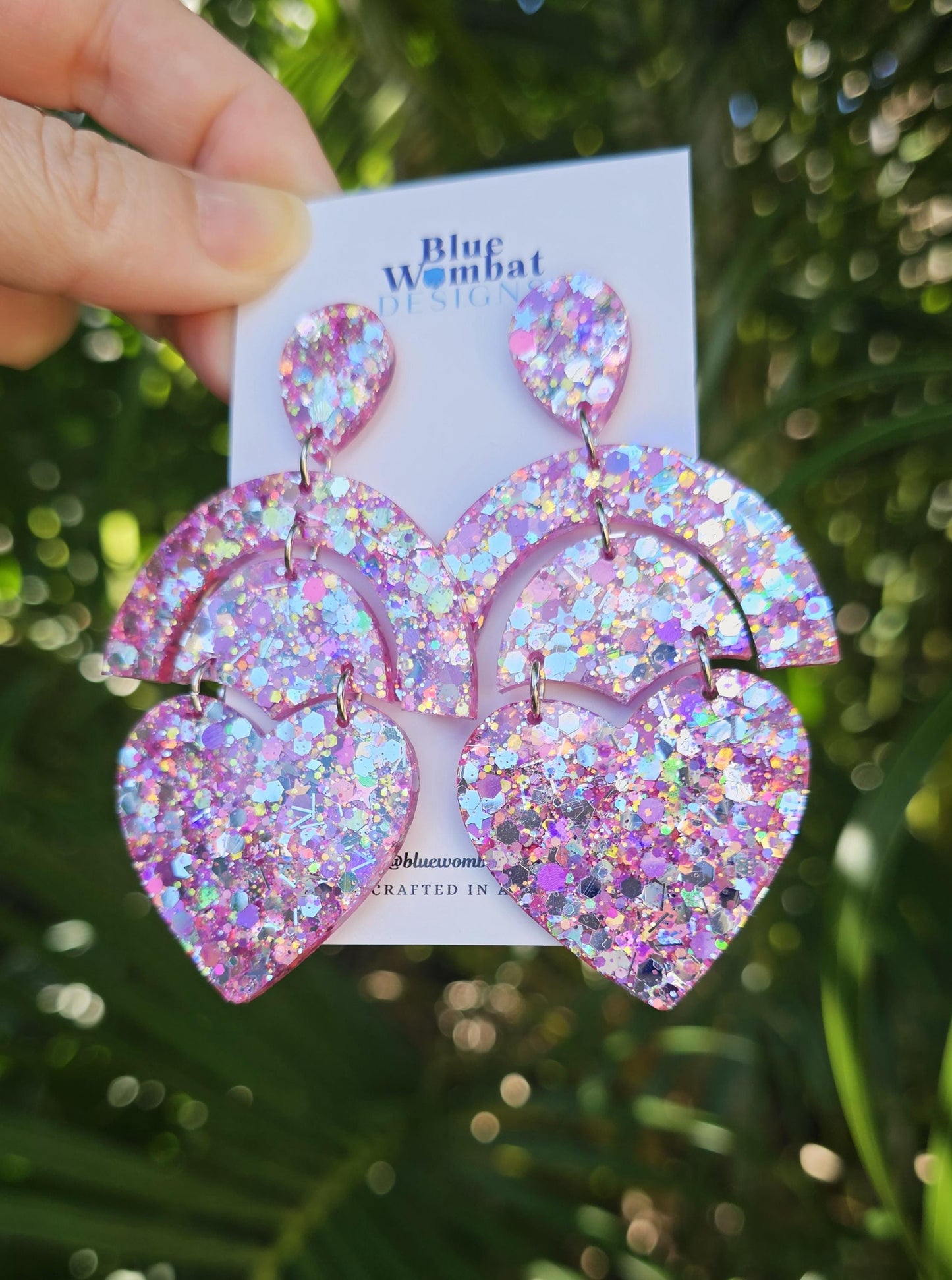 Love Heart Pink Sparkle Glitter Resin Large Dangle Earrings