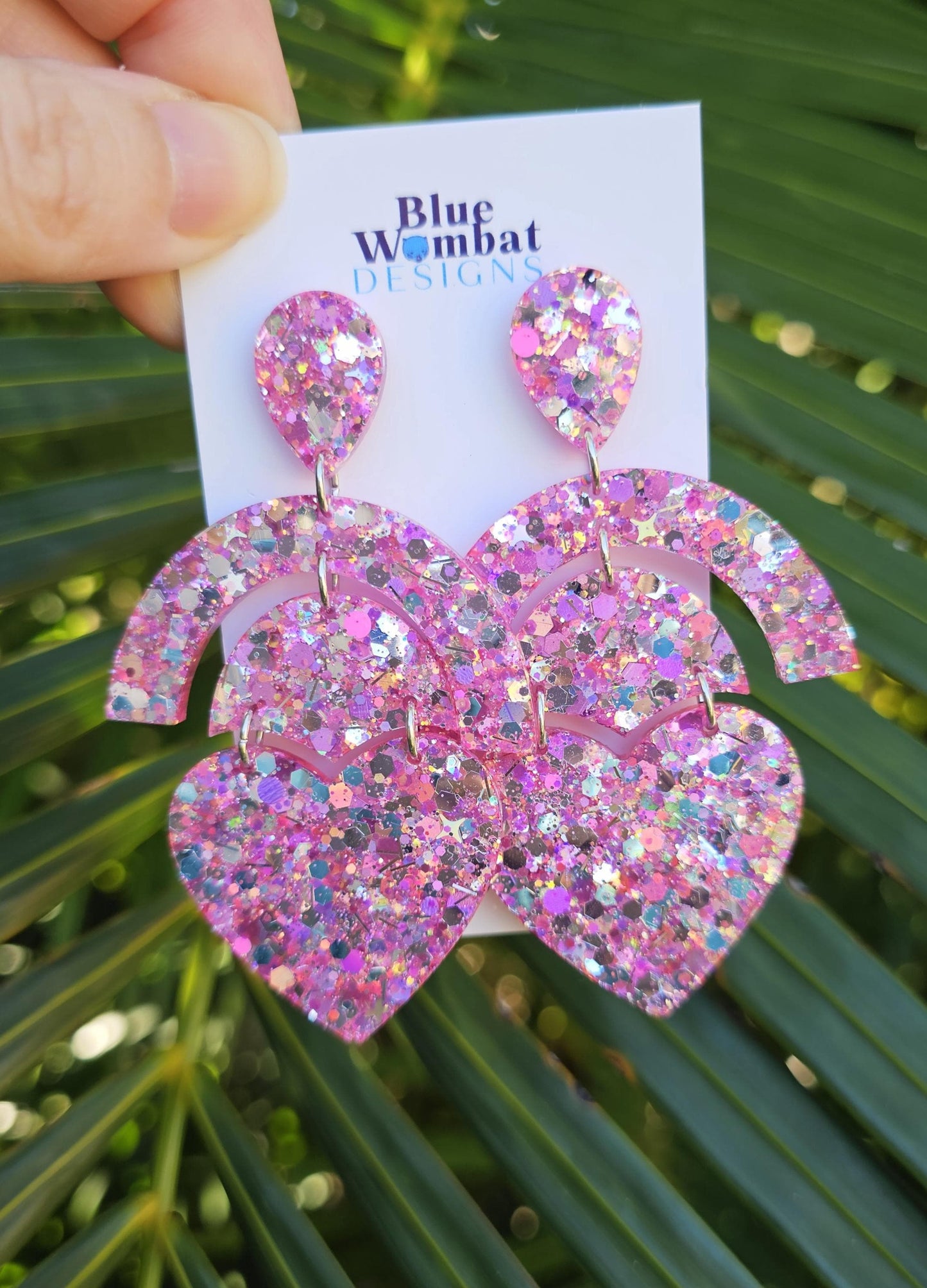 Love Heart Pink Sparkle Glitter Resin Large Dangle Earrings