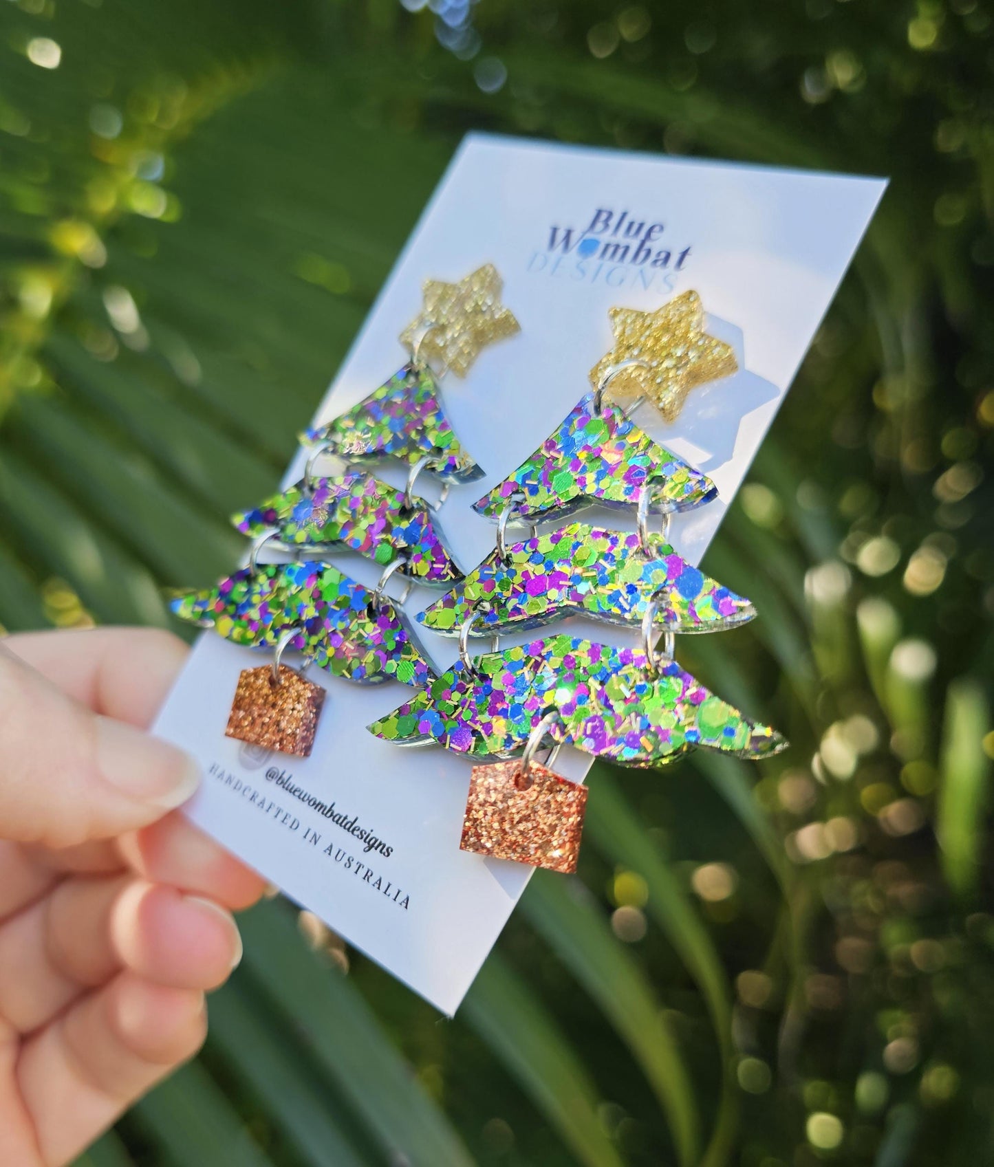 Christmas Tree Resin Glitter Dangle Earrings Handmade