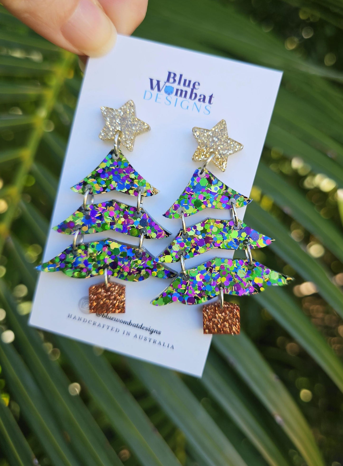 Christmas Tree Resin Glitter Dangle Earrings Handmade