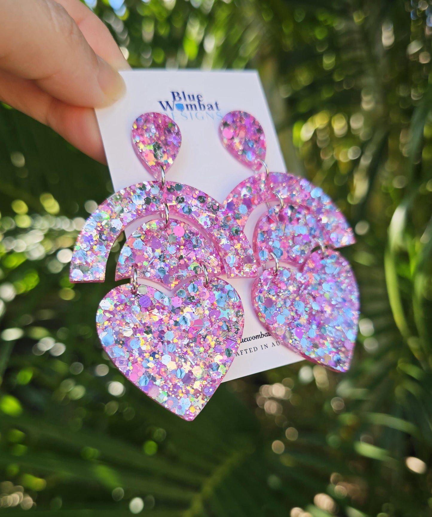 Love Heart Pink Sparkle Glitter Resin Large Dangle Earrings