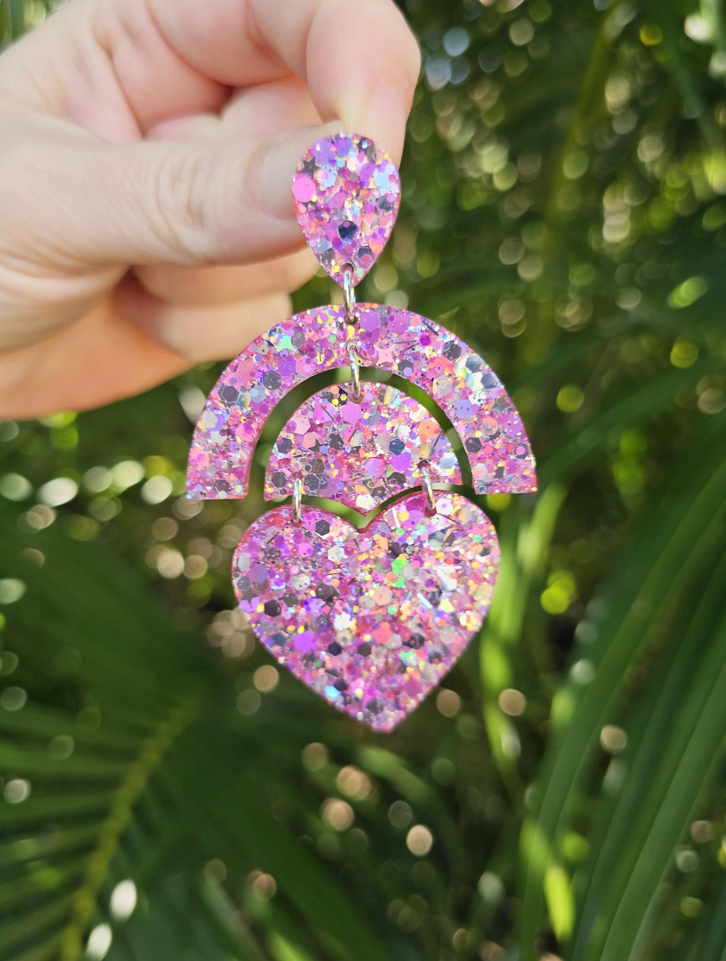 Love Heart Pink Sparkle Glitter Resin Large Dangle Earrings