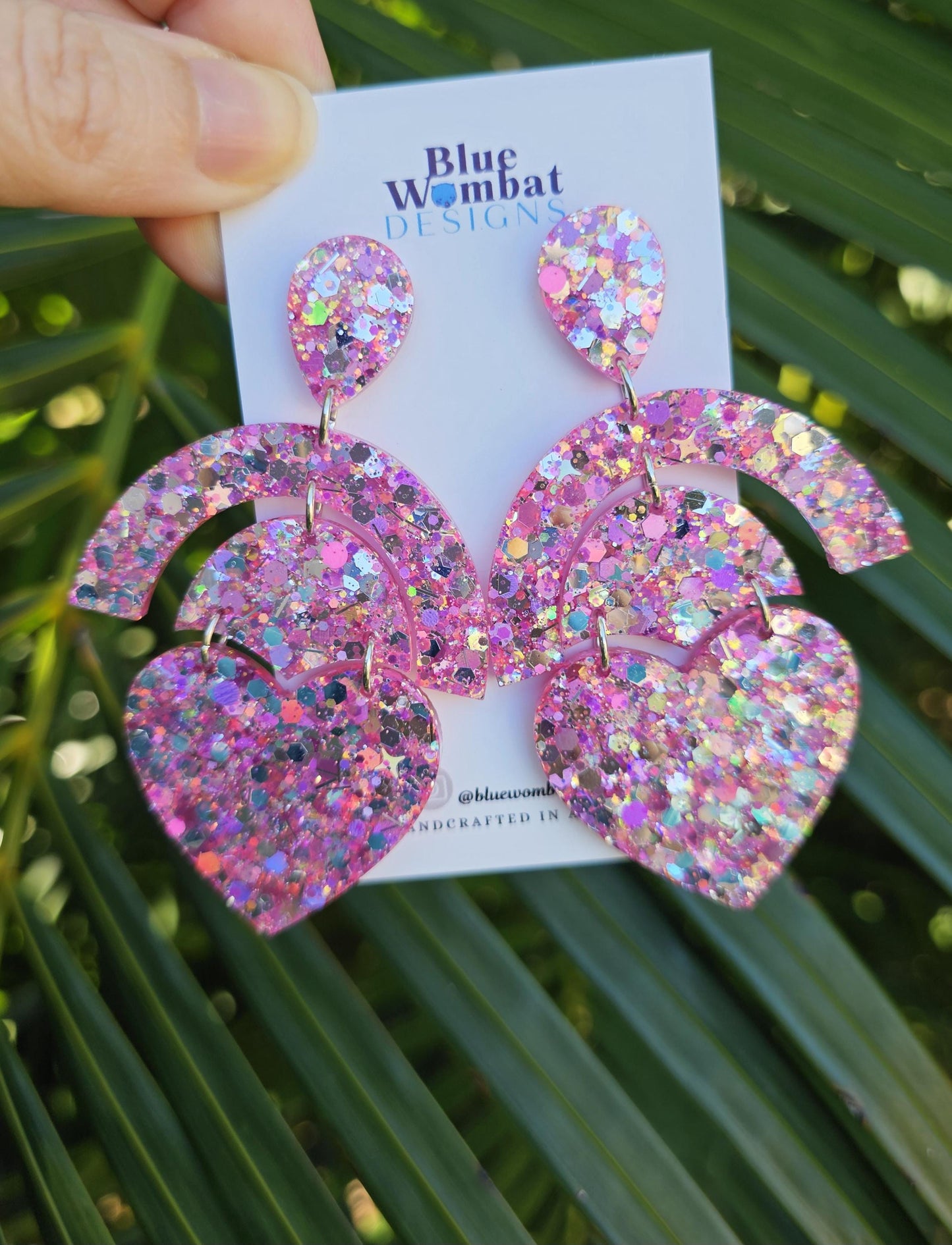 Love Heart Pink Sparkle Glitter Resin Large Dangle Earrings
