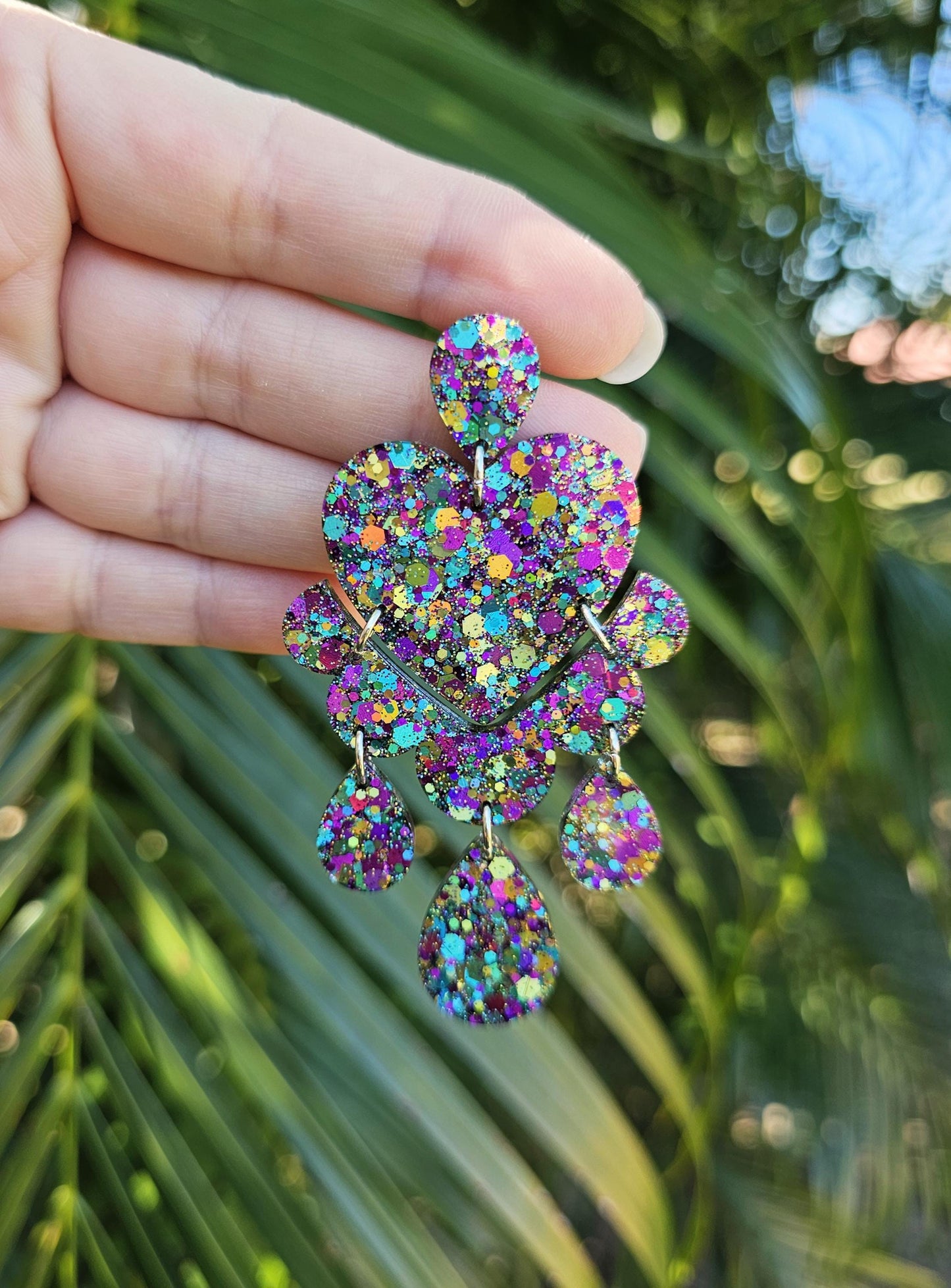 Large Love Heart Chandelier Resin Glitter Earrings