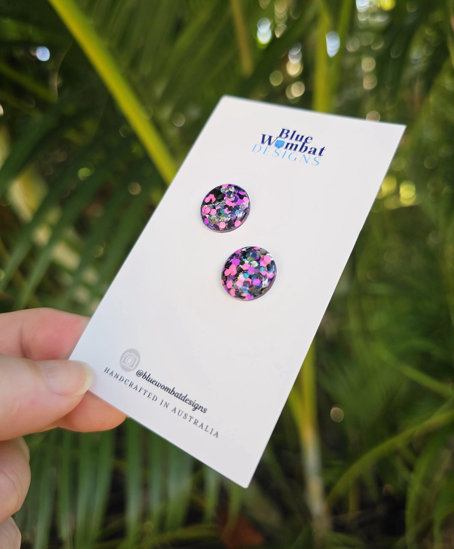 Spotty Pink Black Silver Glitter Resin Domed Studs 14mm