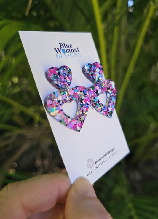 Colourful Love Heart Glitter Resin Dangle Earrings