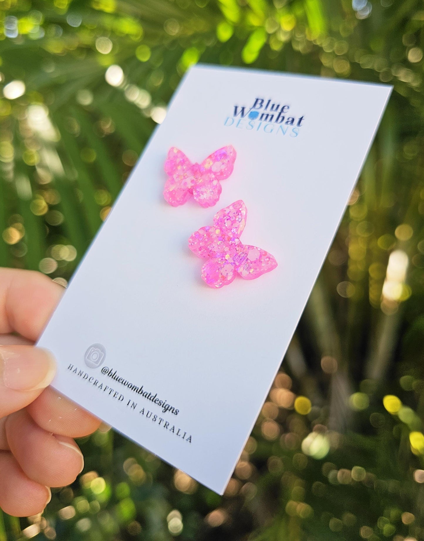 Butterfly Pink Glitter Resin Stud Earrings