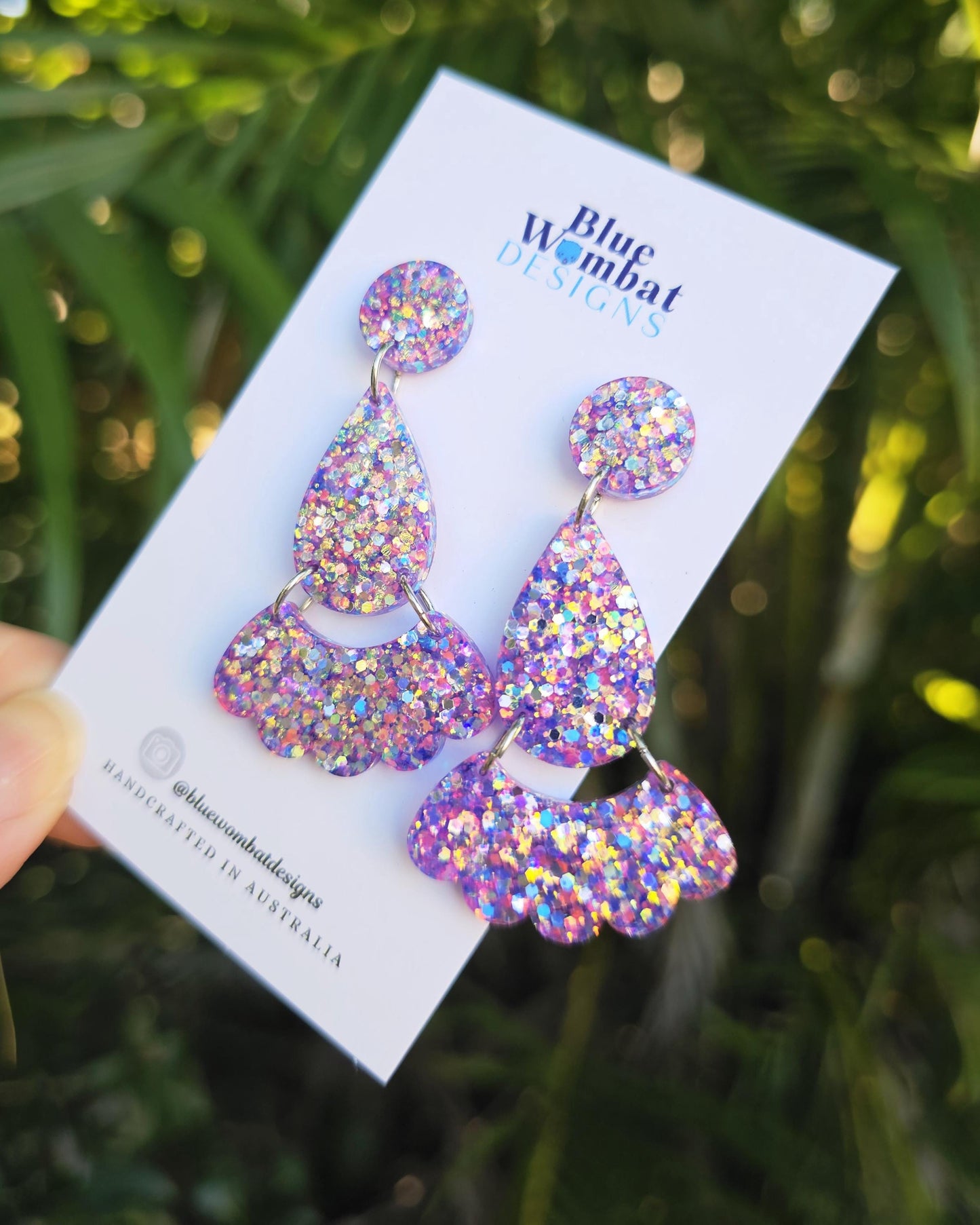 Pink Purple Glitter Resin Dangle Statement Earrings