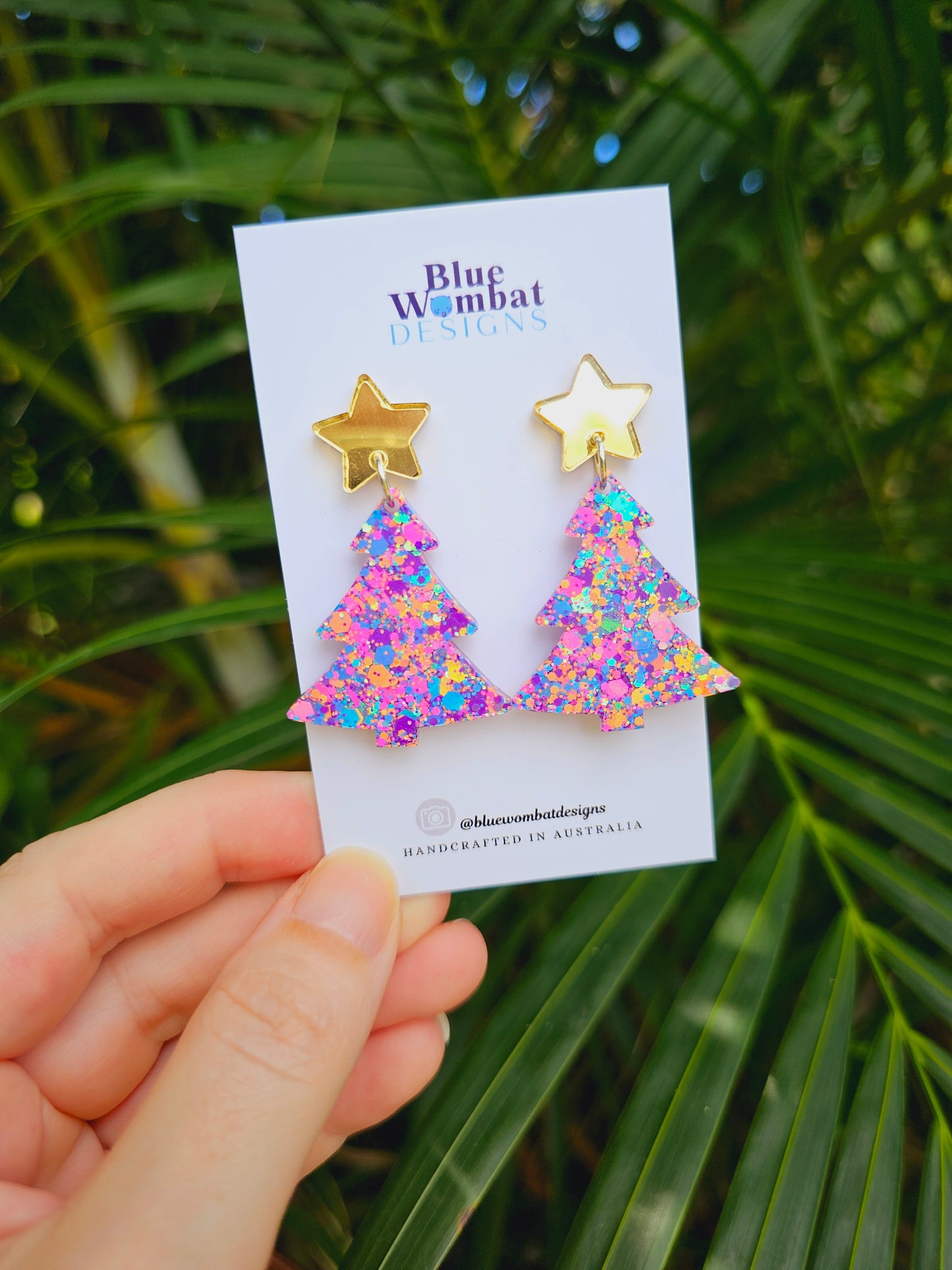 Christmas Tree Glitter Resin Dangle Earrings Handmade