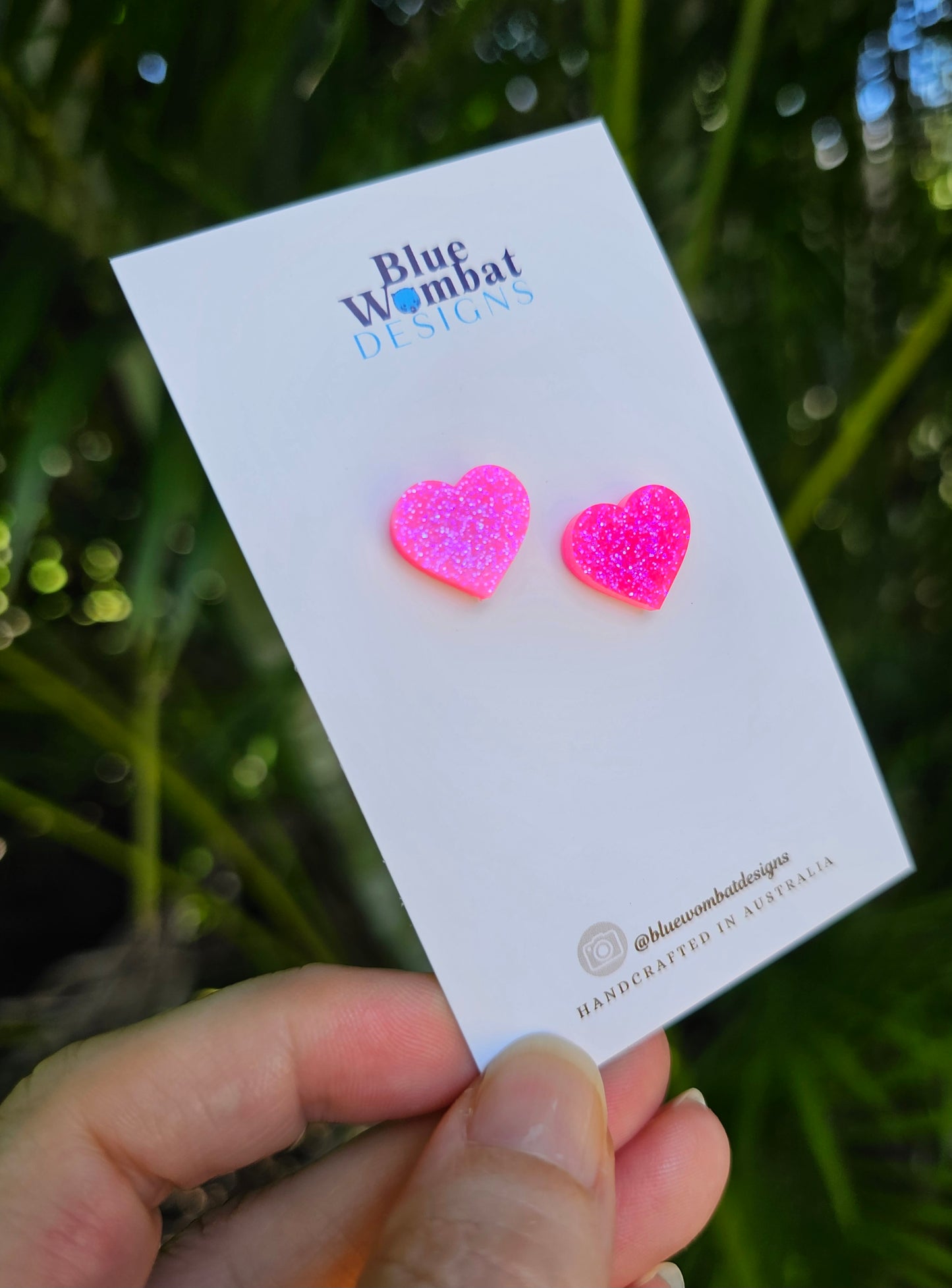 Hot Pink Love Heart Glitter Resin Small Stud Earrings
