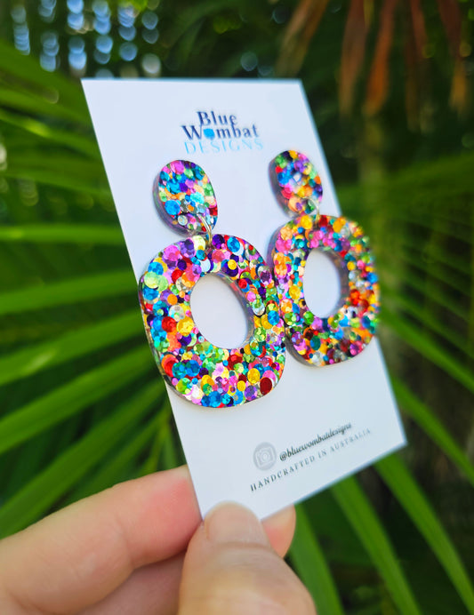 Rainbow Glitter Resin Organic Shape Dangle Earrings