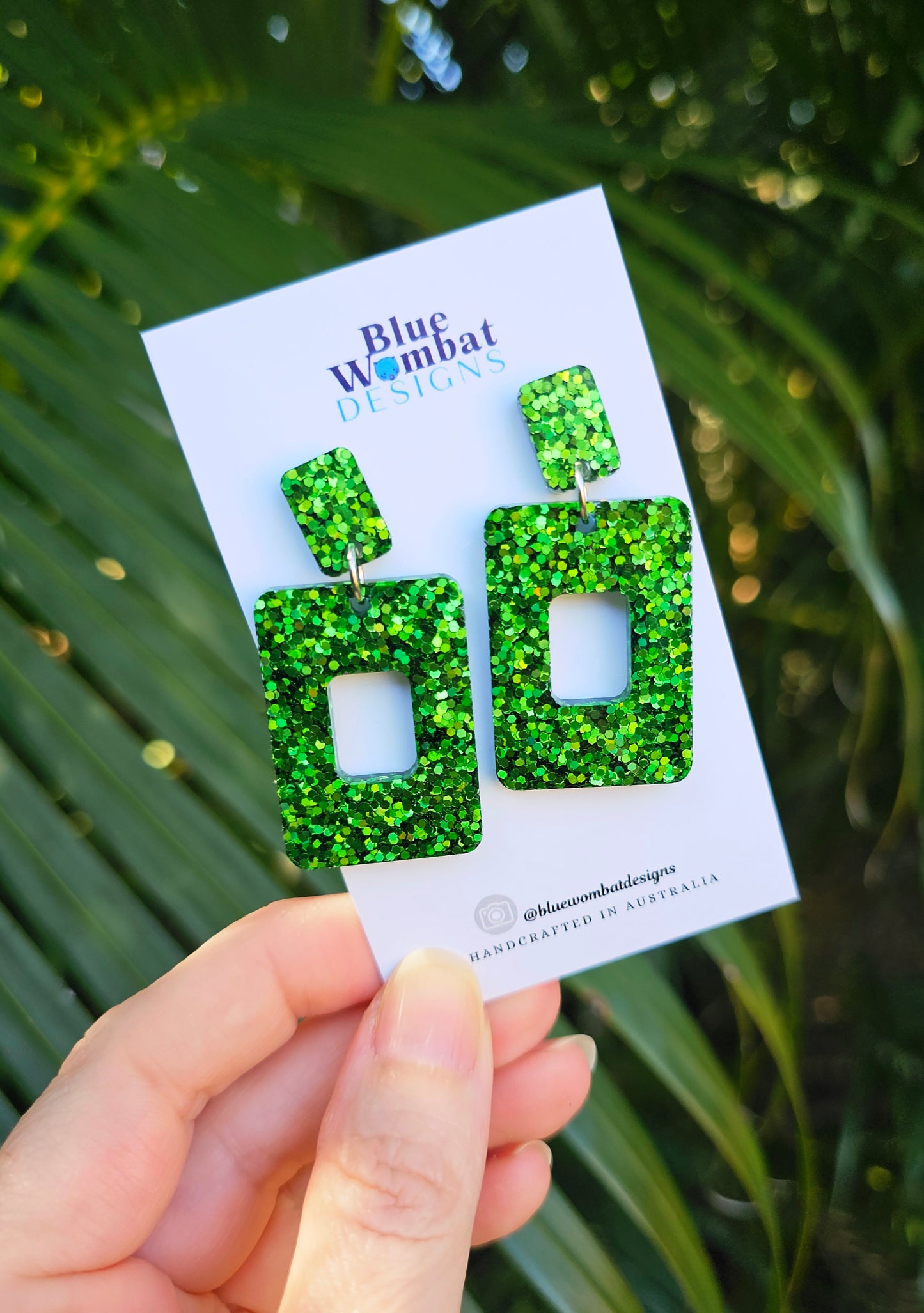 Green Glitter Resin Statement Dangle Earrings