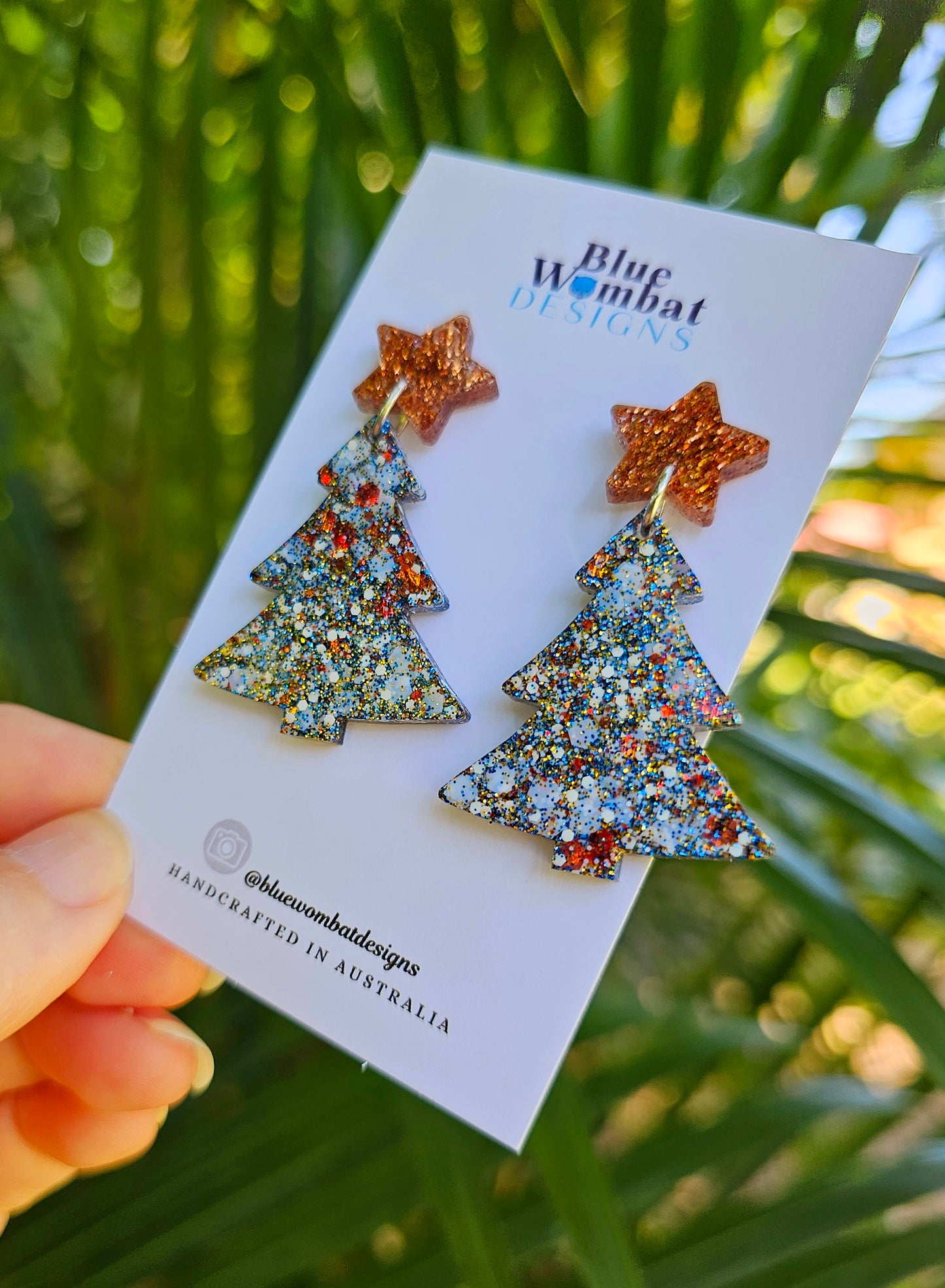 Christmas Tree Glitter Resin Dangle Earrings Handmade