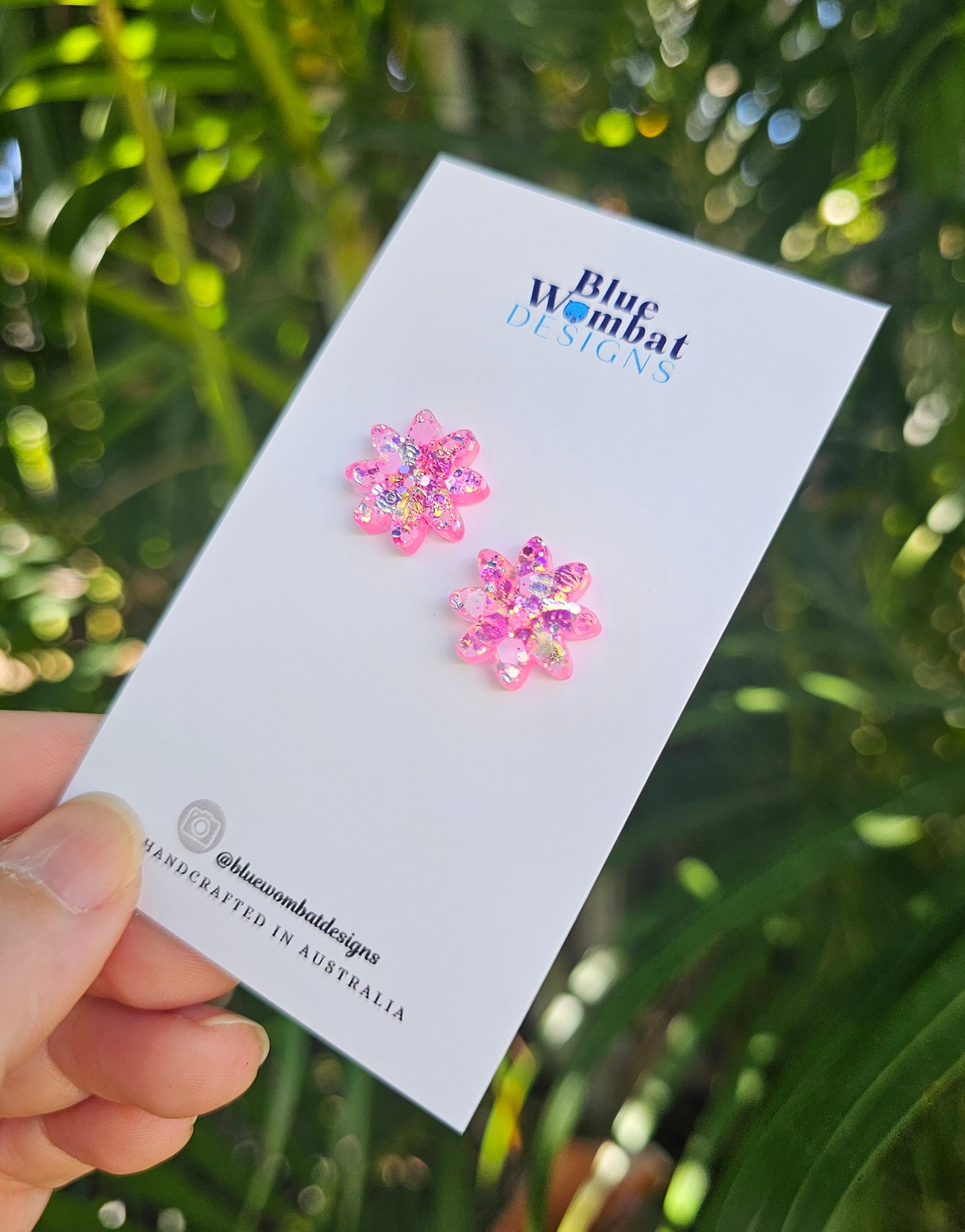 Sparkle Flower Pink Glitter Resin Studs