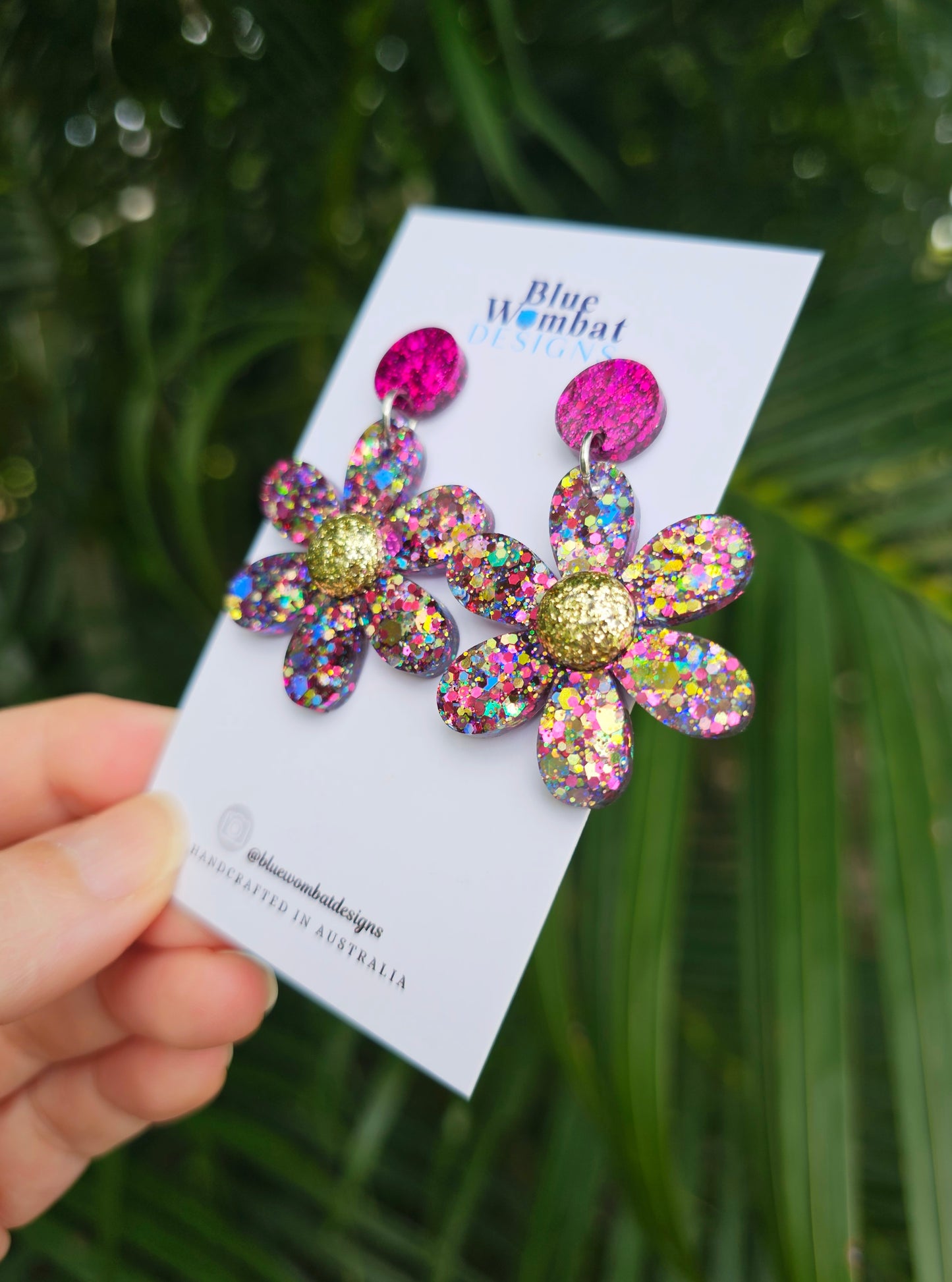 Colourful Glitter Flower Resin Dangle Statement Earrings