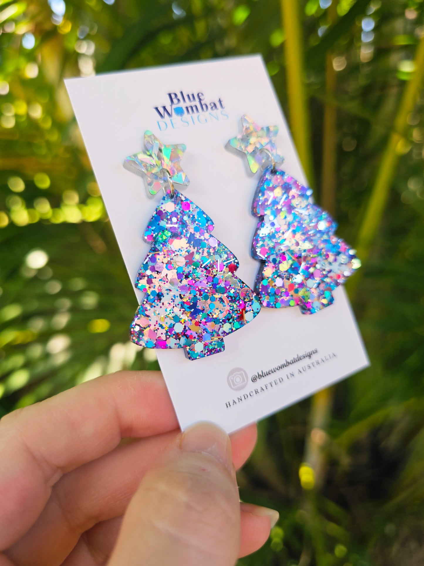 Christmas Tree Glitter Resin Dangle Earrings Handmade